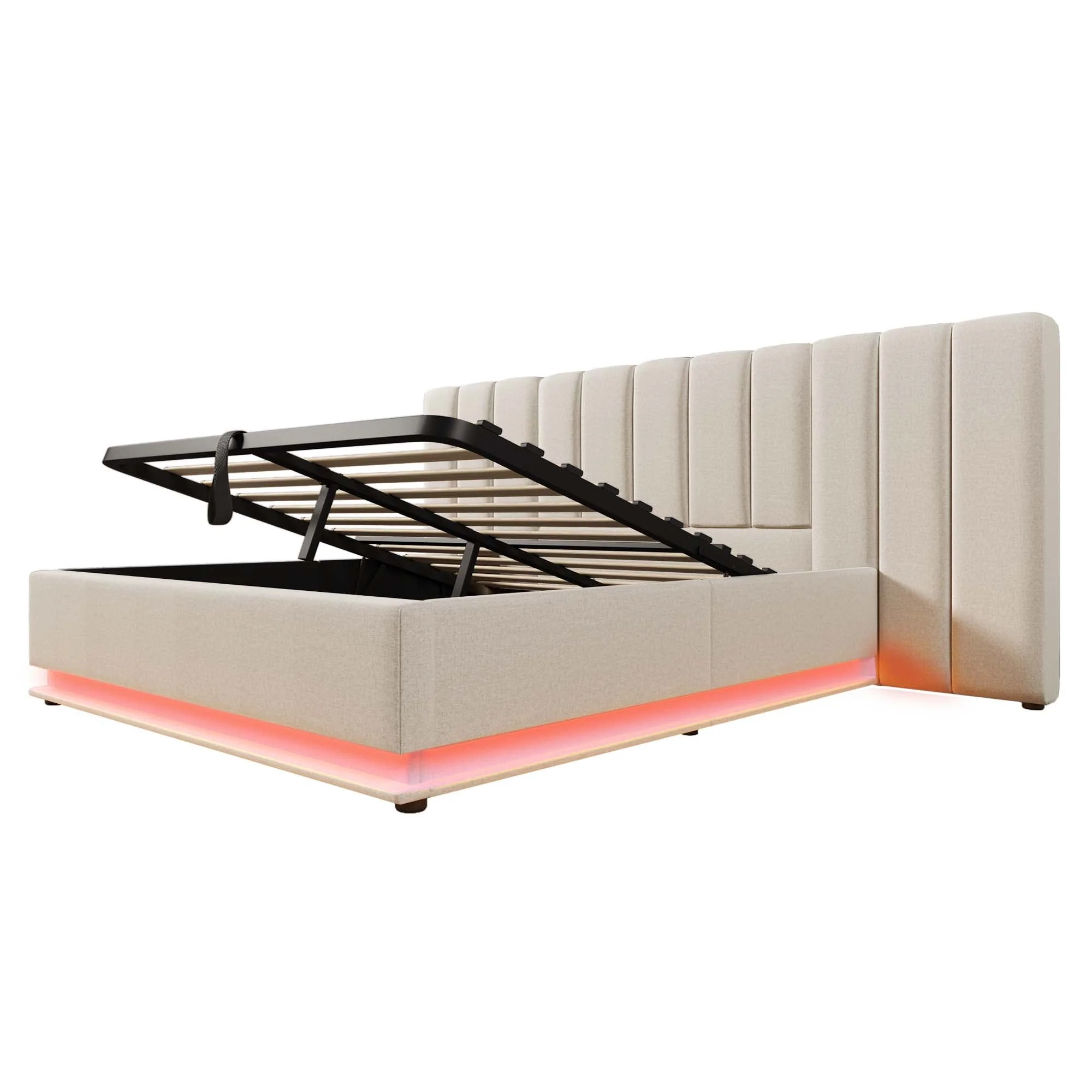 Upholstered Bed 180x200 Storage LED/USB-C, Linen Beige - Image 4