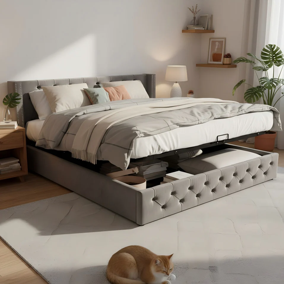 Upholstered Bed 180x200cm Double Hydraulic Lift Storage Ear-Shape Velvet Grey - Image 2