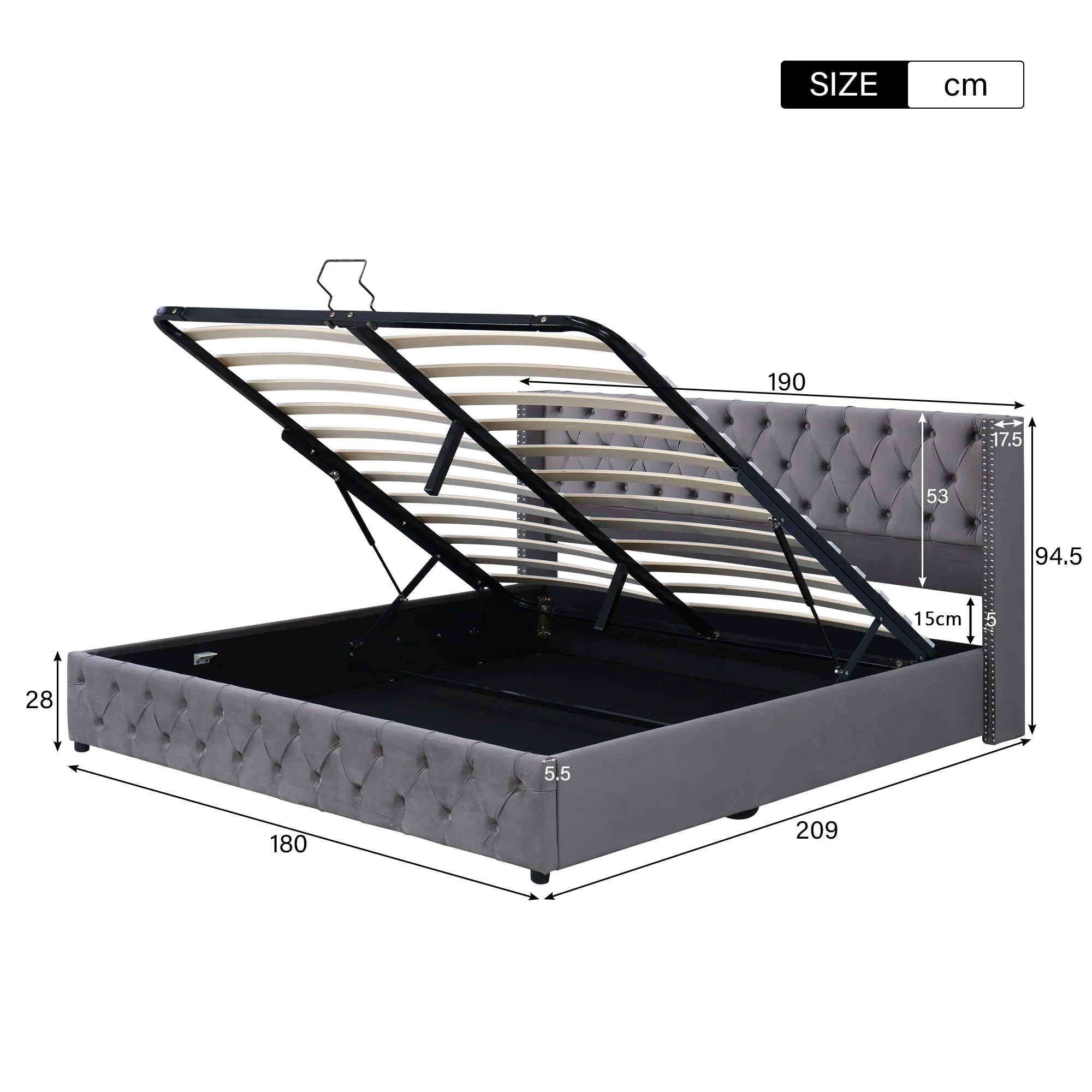 Upholstered Bed 180x200cm Double Hydraulic Lift Storage Ear-Shape Velvet Grey - Image 9