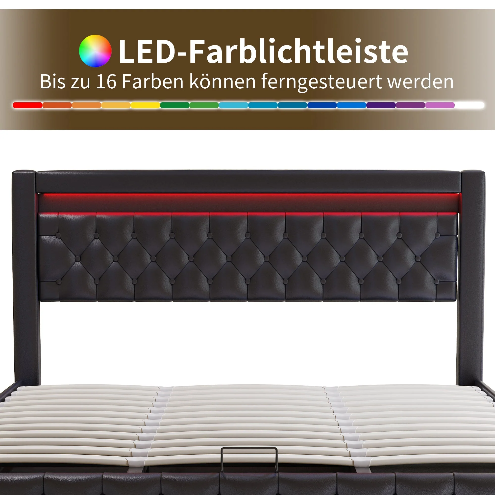 Upholstered Bed 180x200cm, Double Storage Bed with Drawers and LED Light Strip, Black PU - Image 6