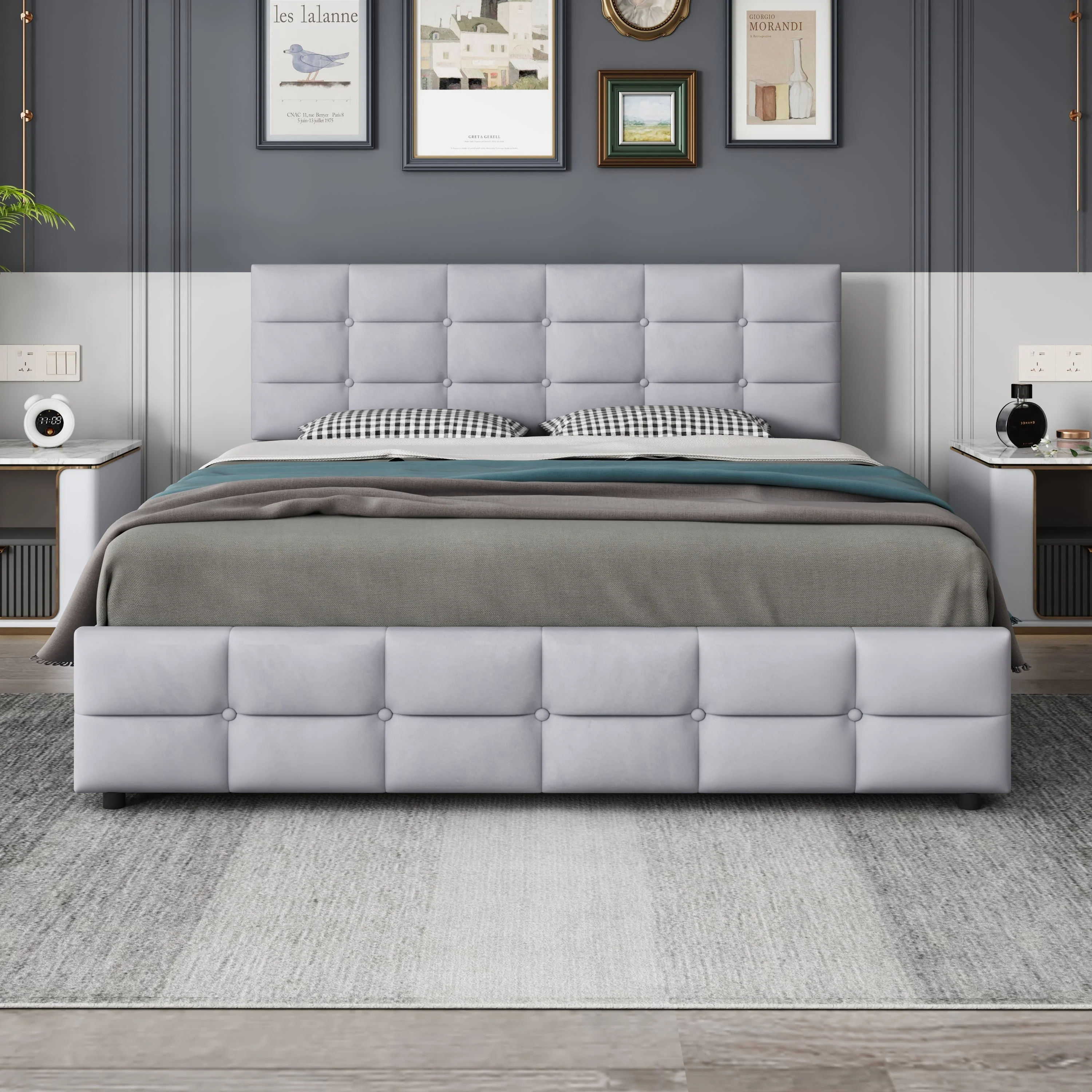 Upholstered Bed, 180x200cm Double with 4 Drawers & Slatted Frame, Grey Velvet - Image 2