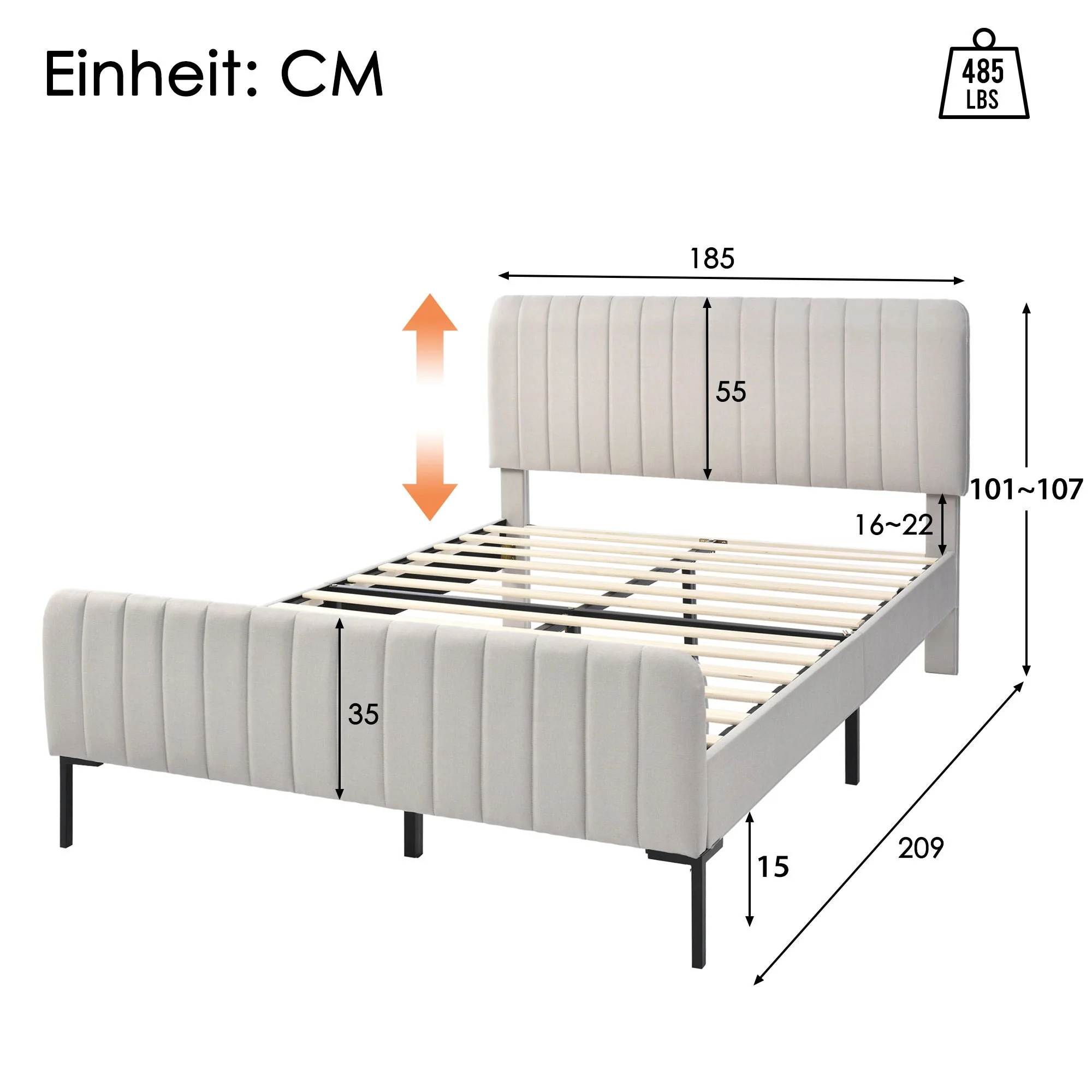 Upholstered Bed, 180x200cm Double with Adjustable Headboard, Grey-Beige Linen - Image 2