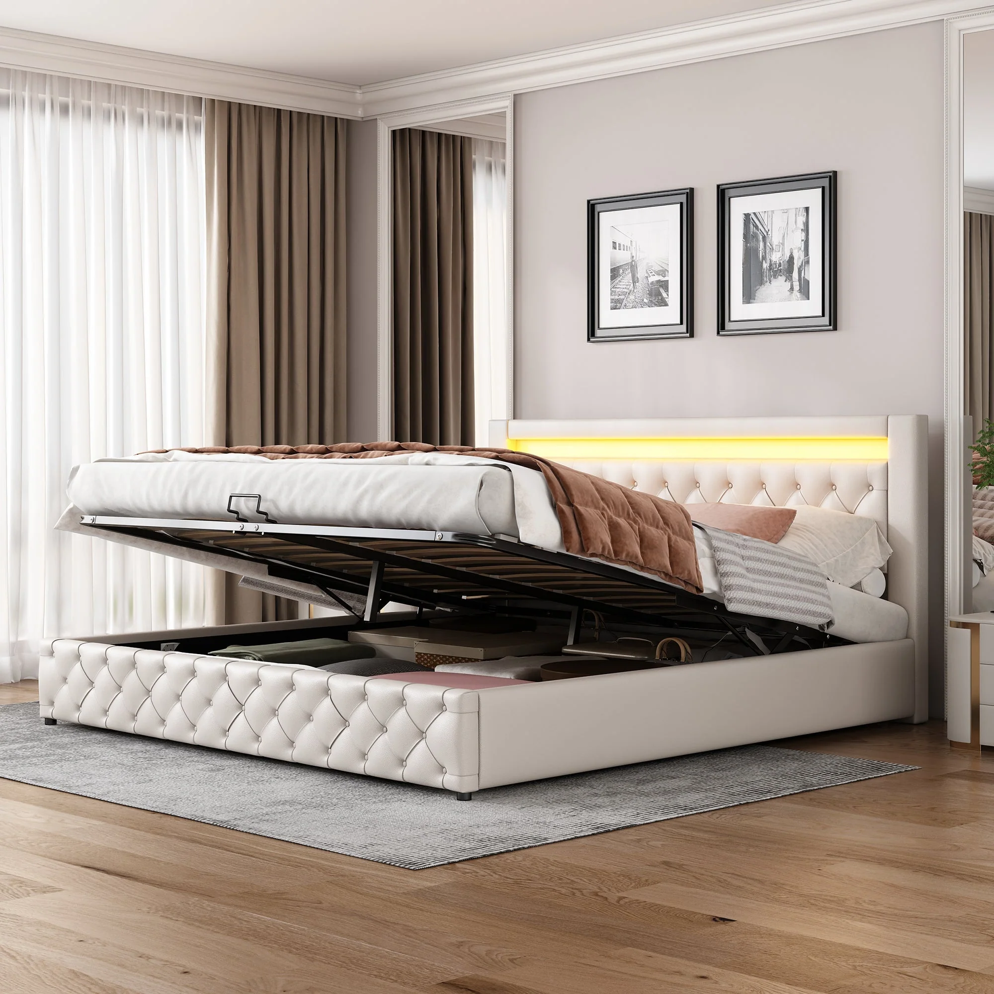 Upholstered Bed 180x200cm Functional Storage LED Slatted Frame - White PU - Image 7