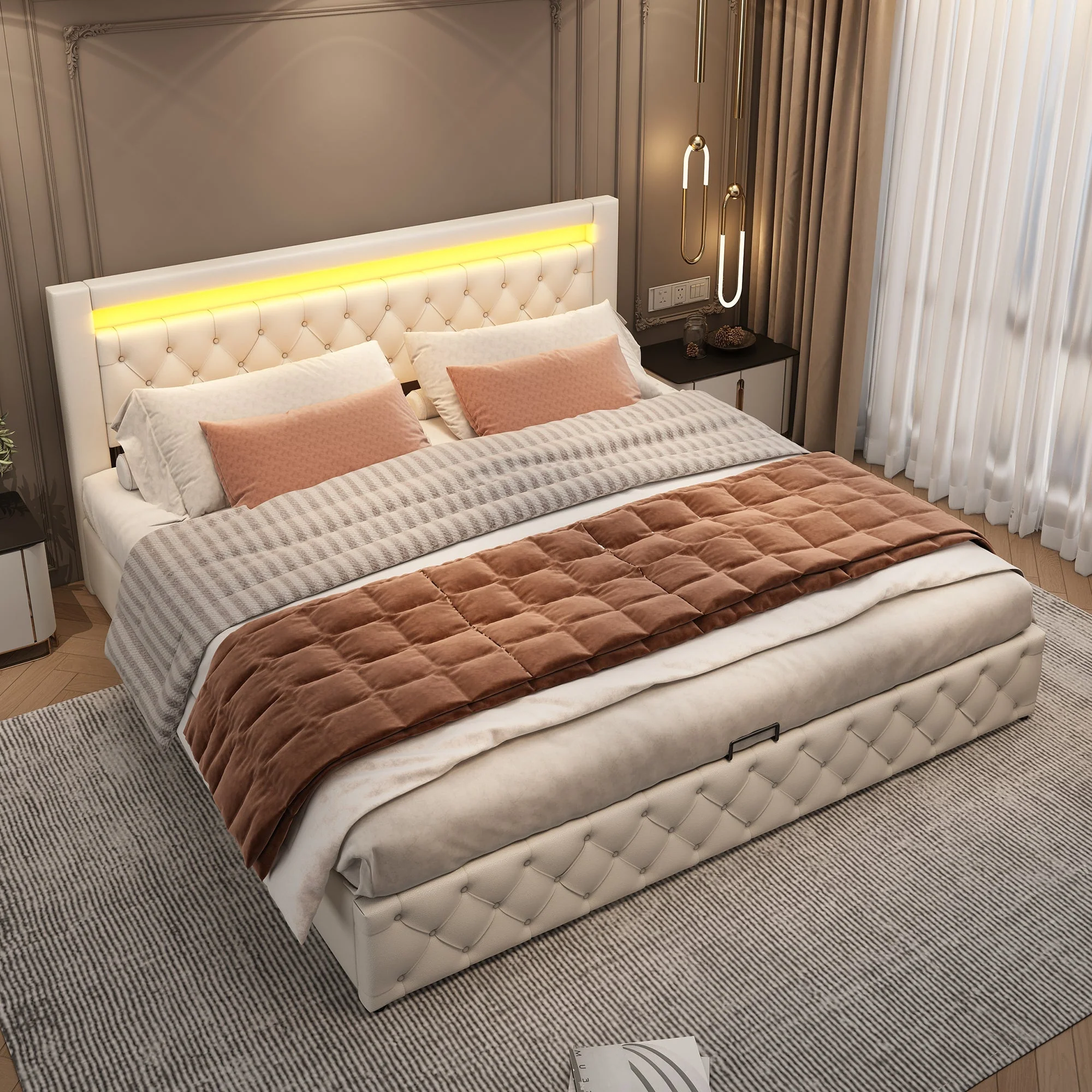 Upholstered Bed 180x200cm Functional Storage LED Slatted Frame - White PU - Image 9