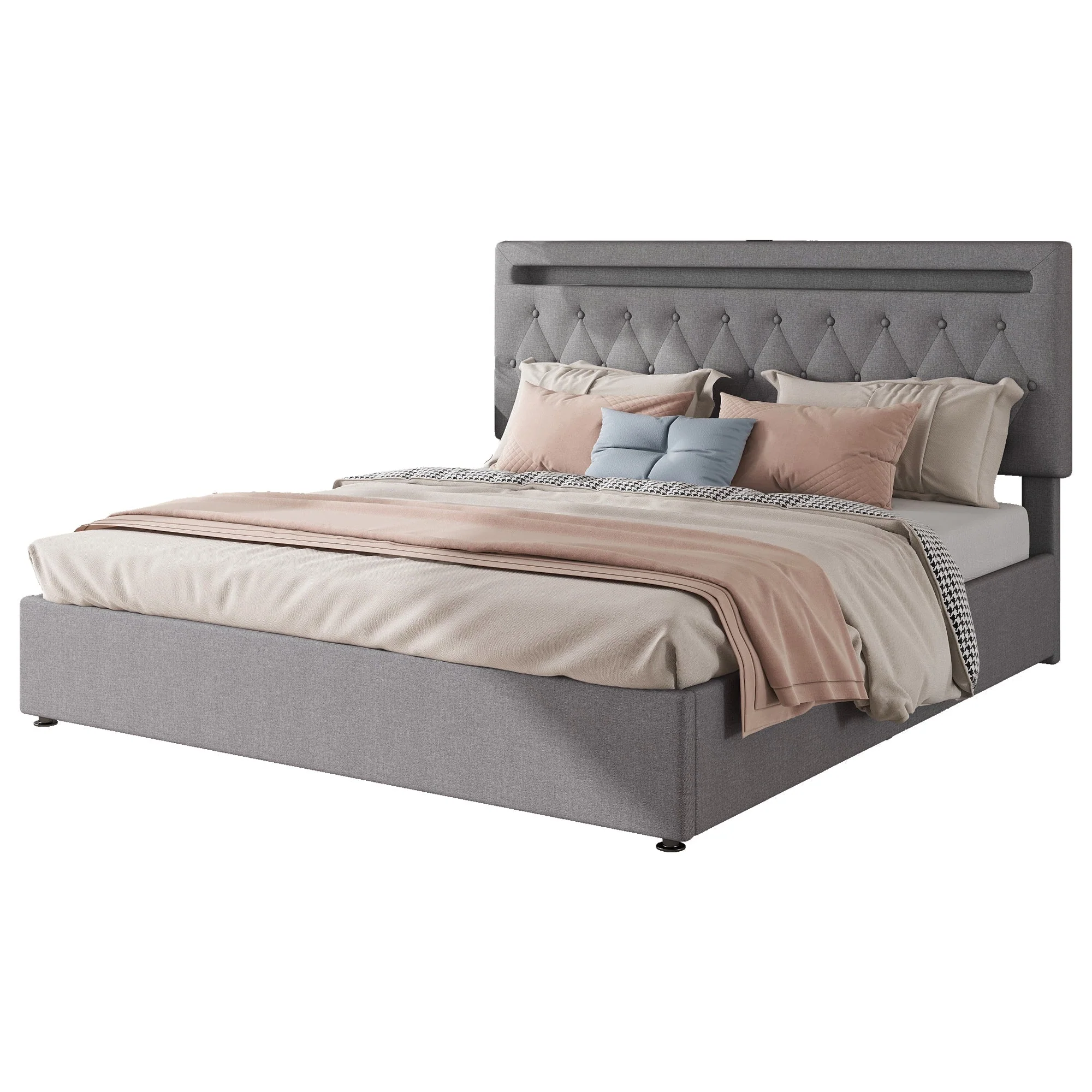 Upholstered Bed 180x200cm Hydraulic Lift Ambient Light USB - Grey - Image 6