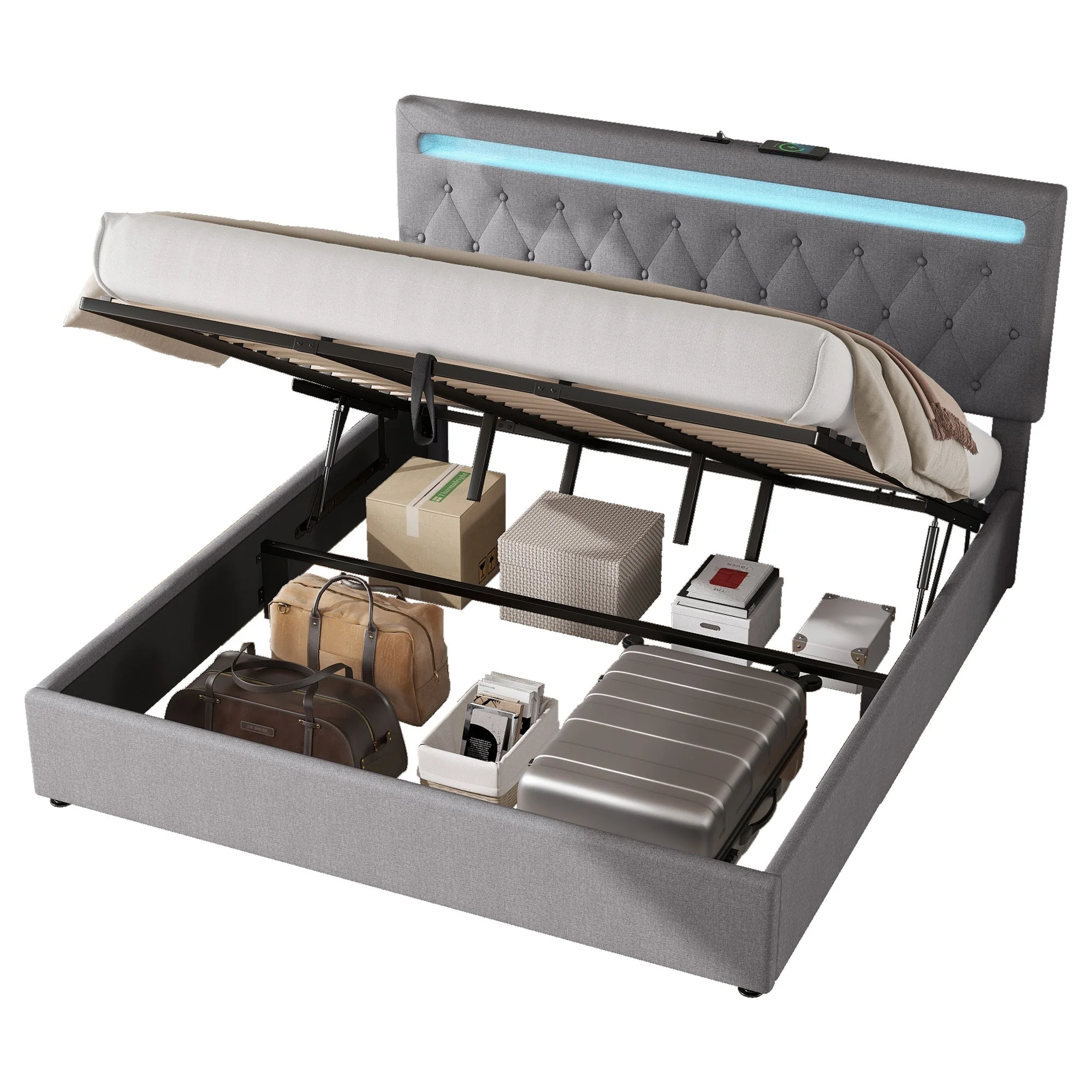 Upholstered Bed 180x200cm Hydraulic Lift Ambient Light USB - Grey - Image 7