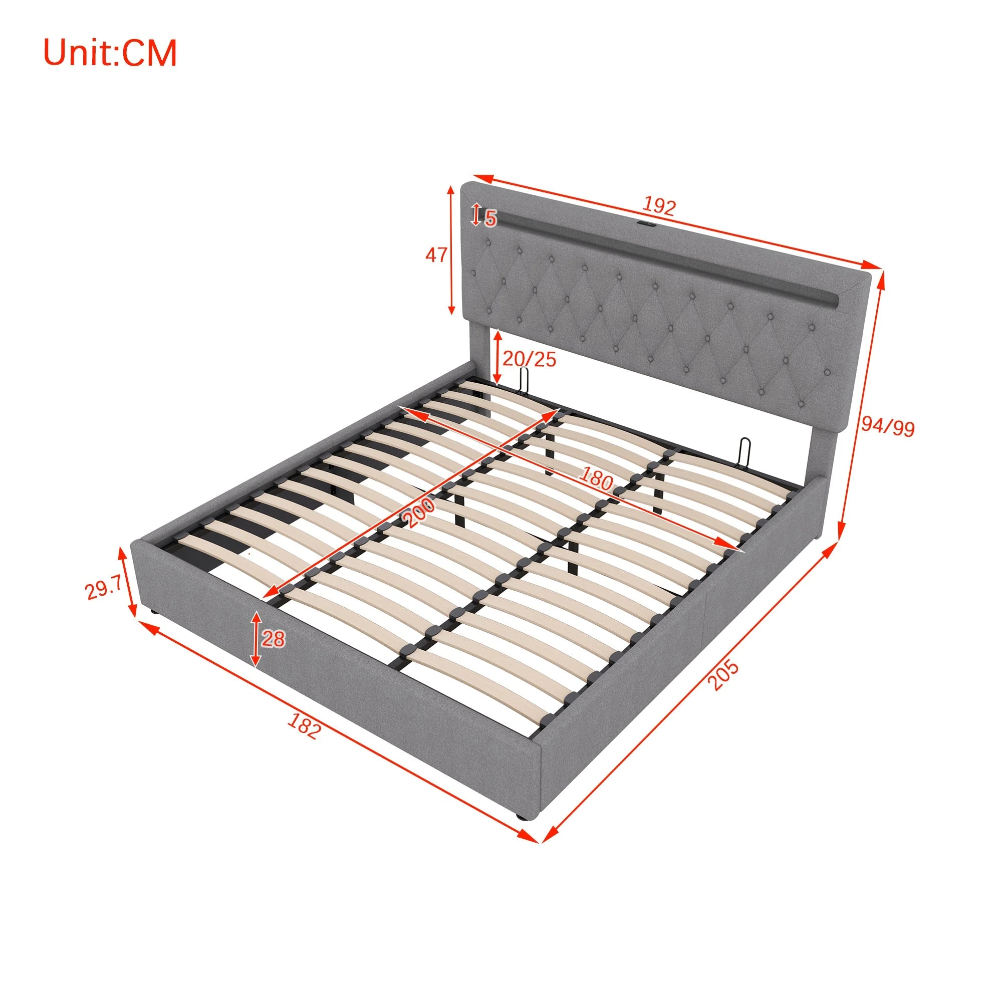 Upholstered Bed 180x200cm Hydraulic Lift Ambient Light USB - Grey - Image 8