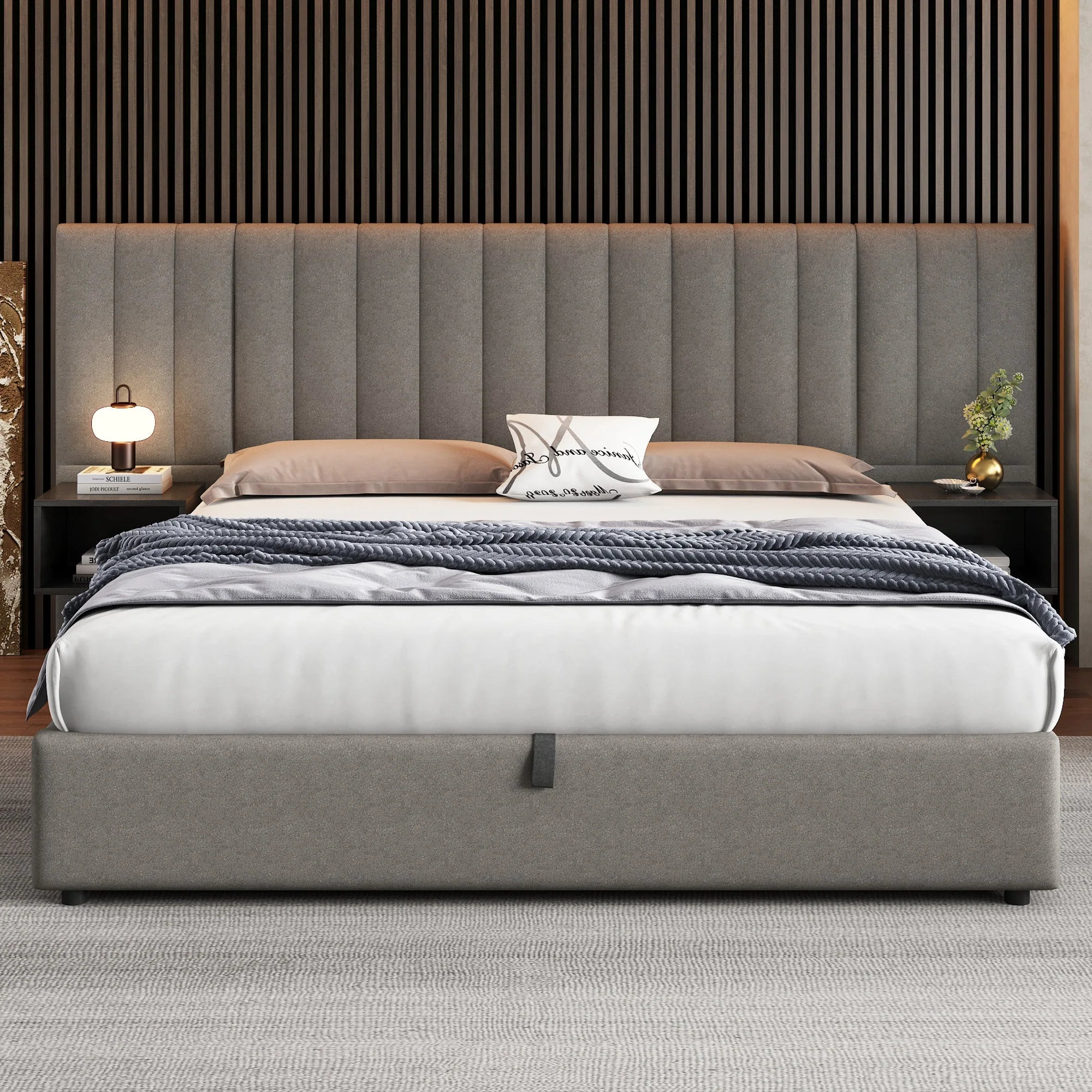 Upholstered Bed 180x200cm Hydraulic Storage 2 Bedside Tables - Linen Grey/Black - Image 2