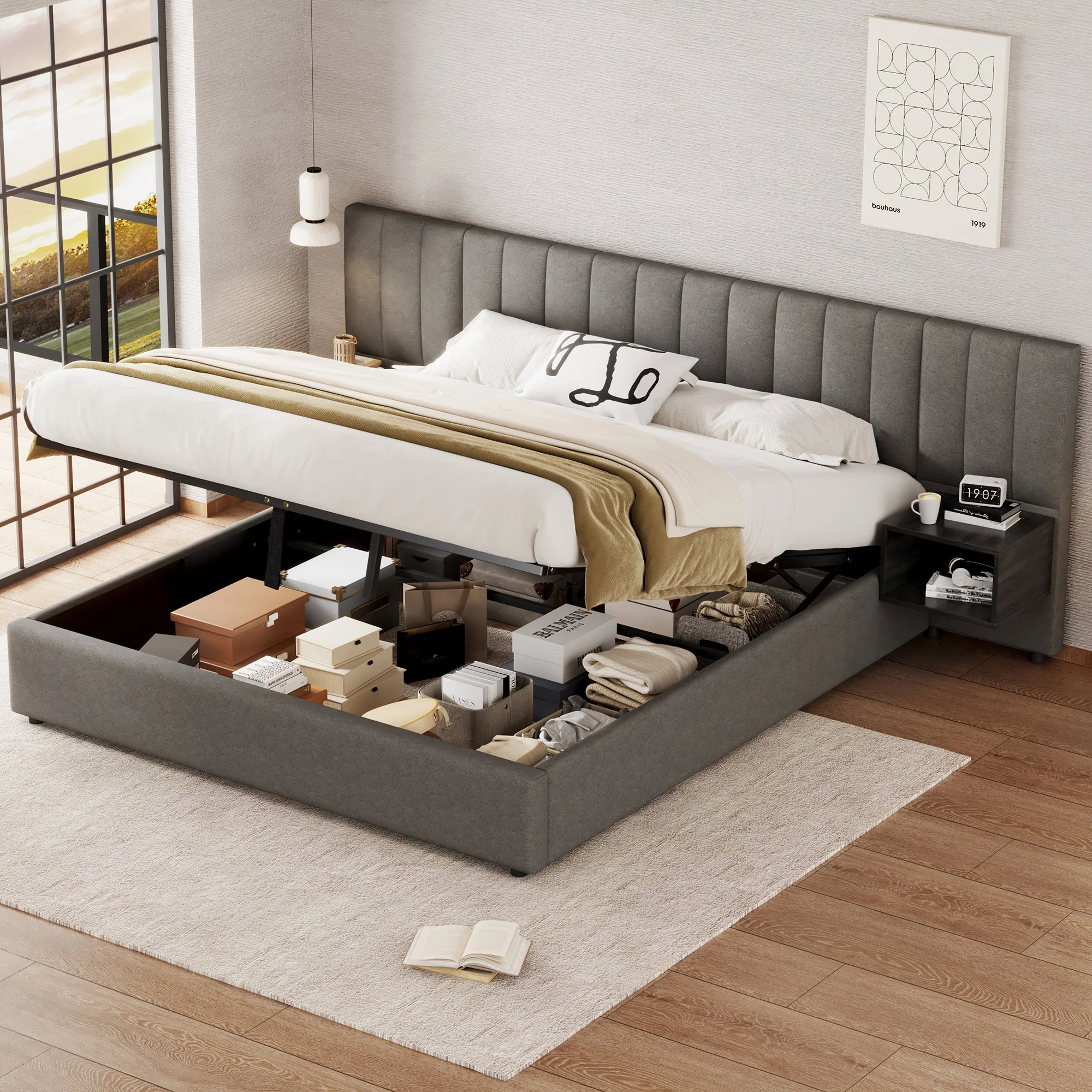 Upholstered Bed 180x200cm Hydraulic Storage 2 Bedside Tables - Linen Grey/Black - Image 3