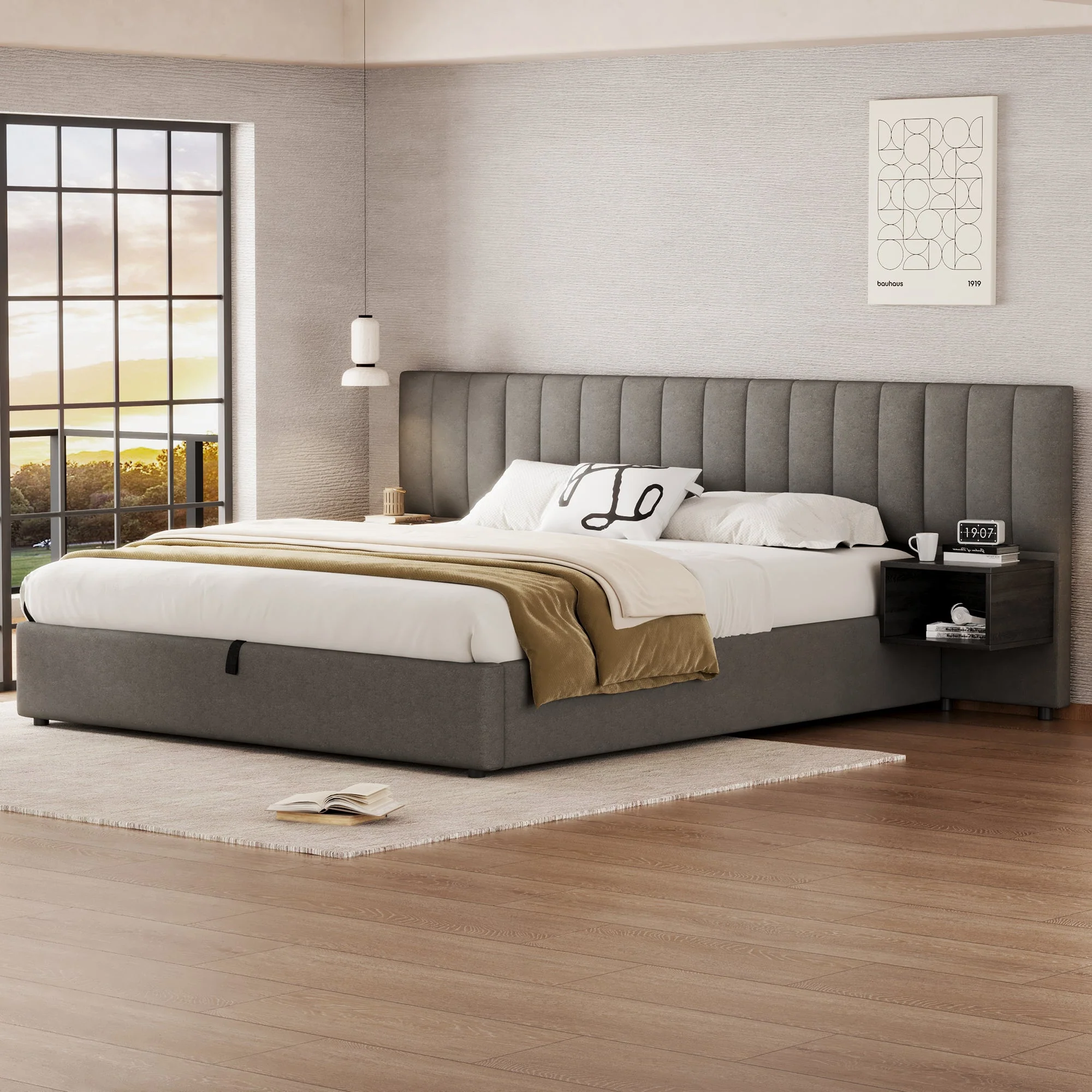 Upholstered Bed 180x200cm Hydraulic Storage 2 Bedside Tables - Linen Grey/Black - Image 4