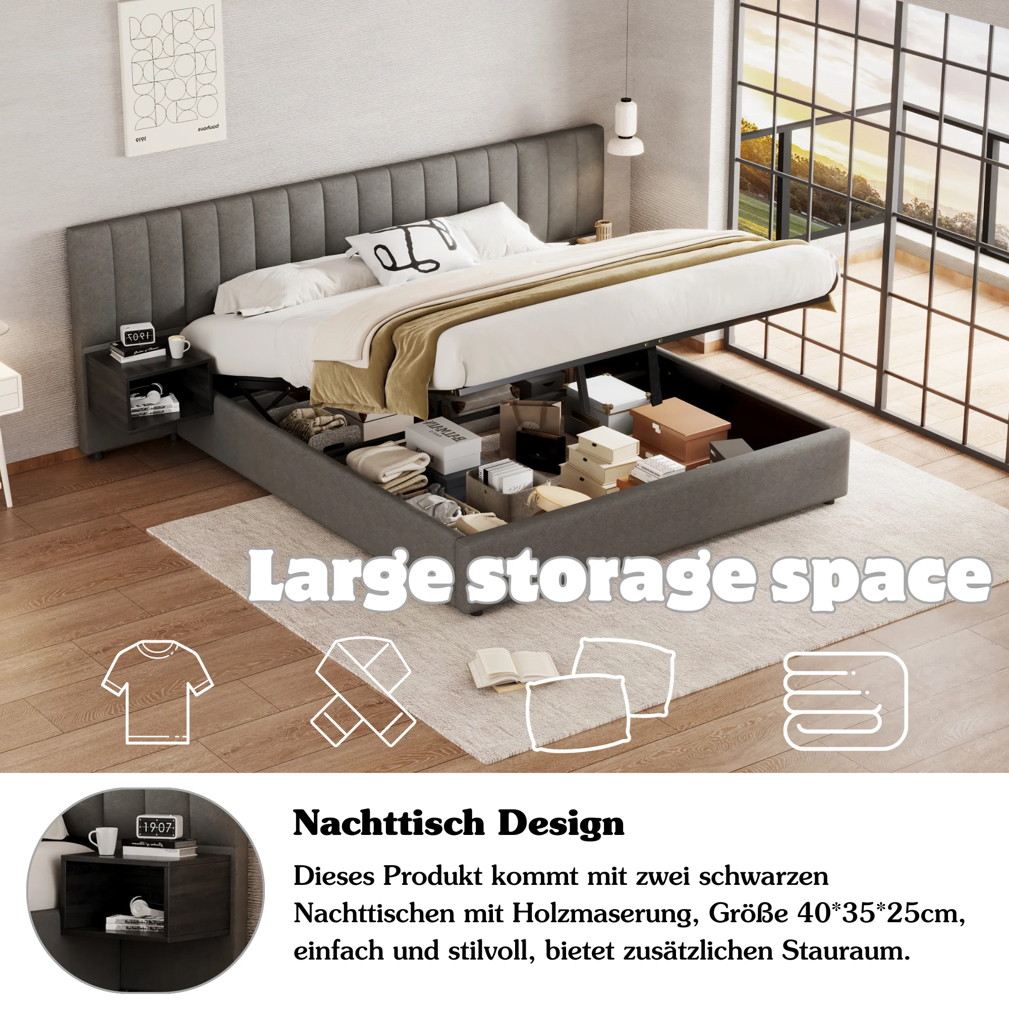 Upholstered Bed 180x200cm Hydraulic Storage 2 Bedside Tables - Linen Grey/Black - Image 5