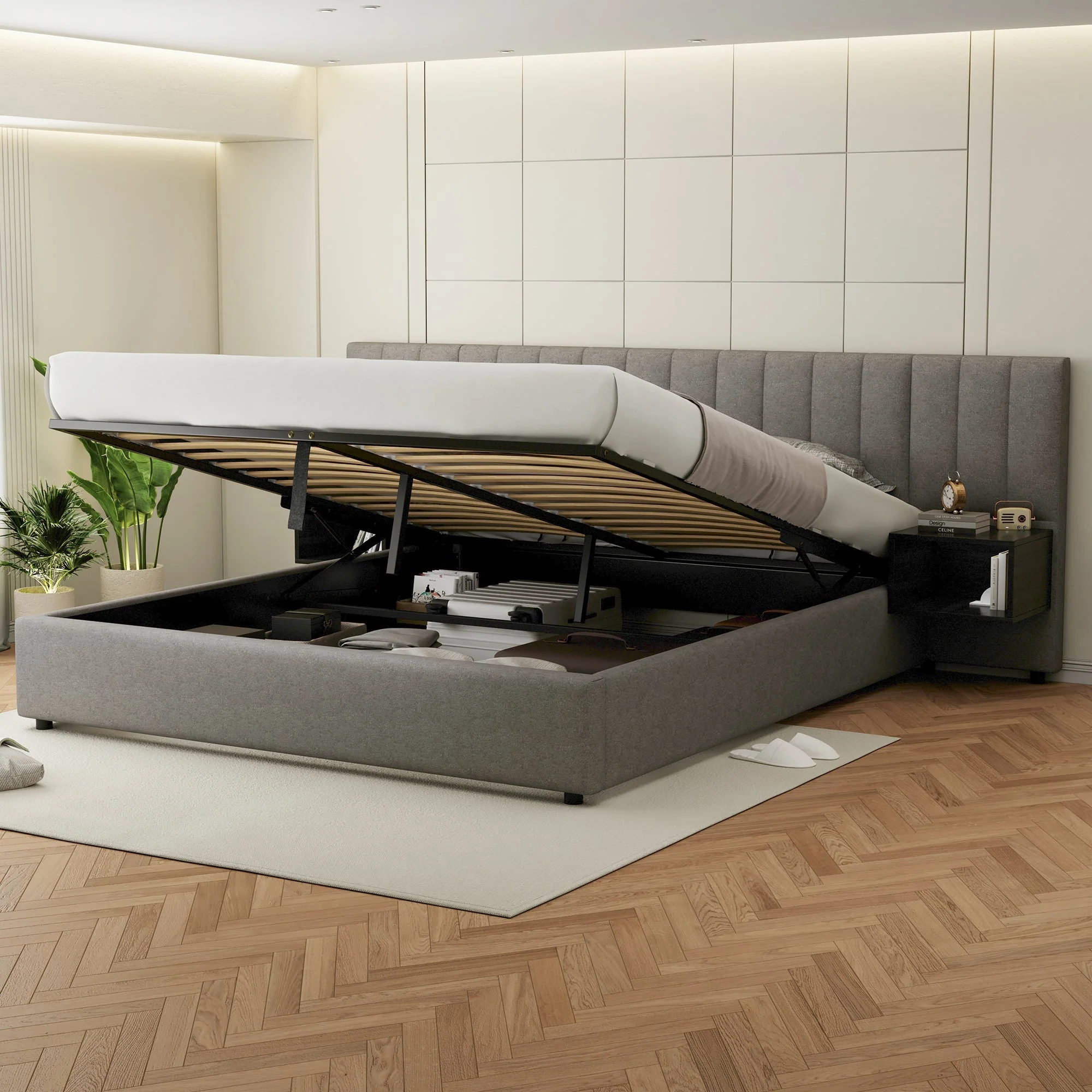 Upholstered Bed 180x200cm Hydraulic Storage 2 Bedside Tables - Linen Grey/Black - Image 7