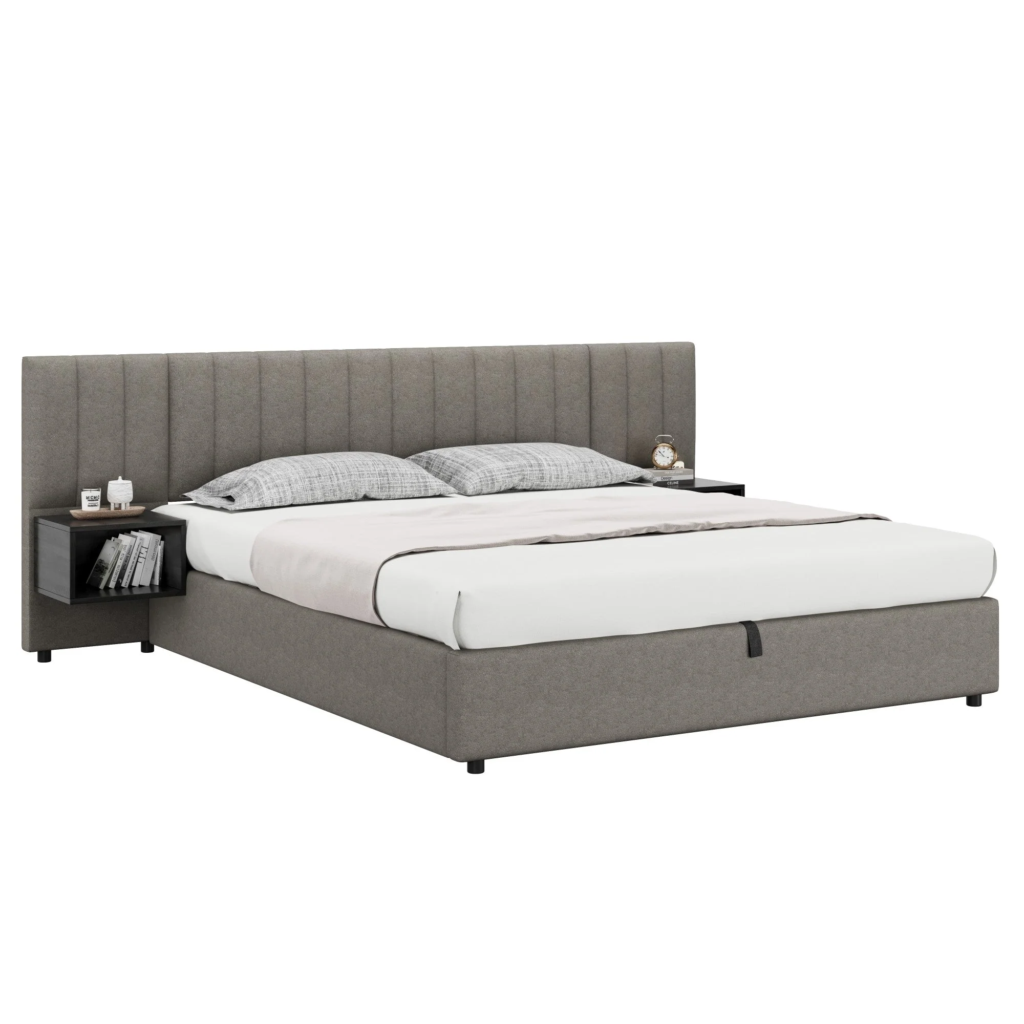 Upholstered Bed 180x200cm Hydraulic Storage 2 Bedside Tables - Linen Grey/Black - Image 9
