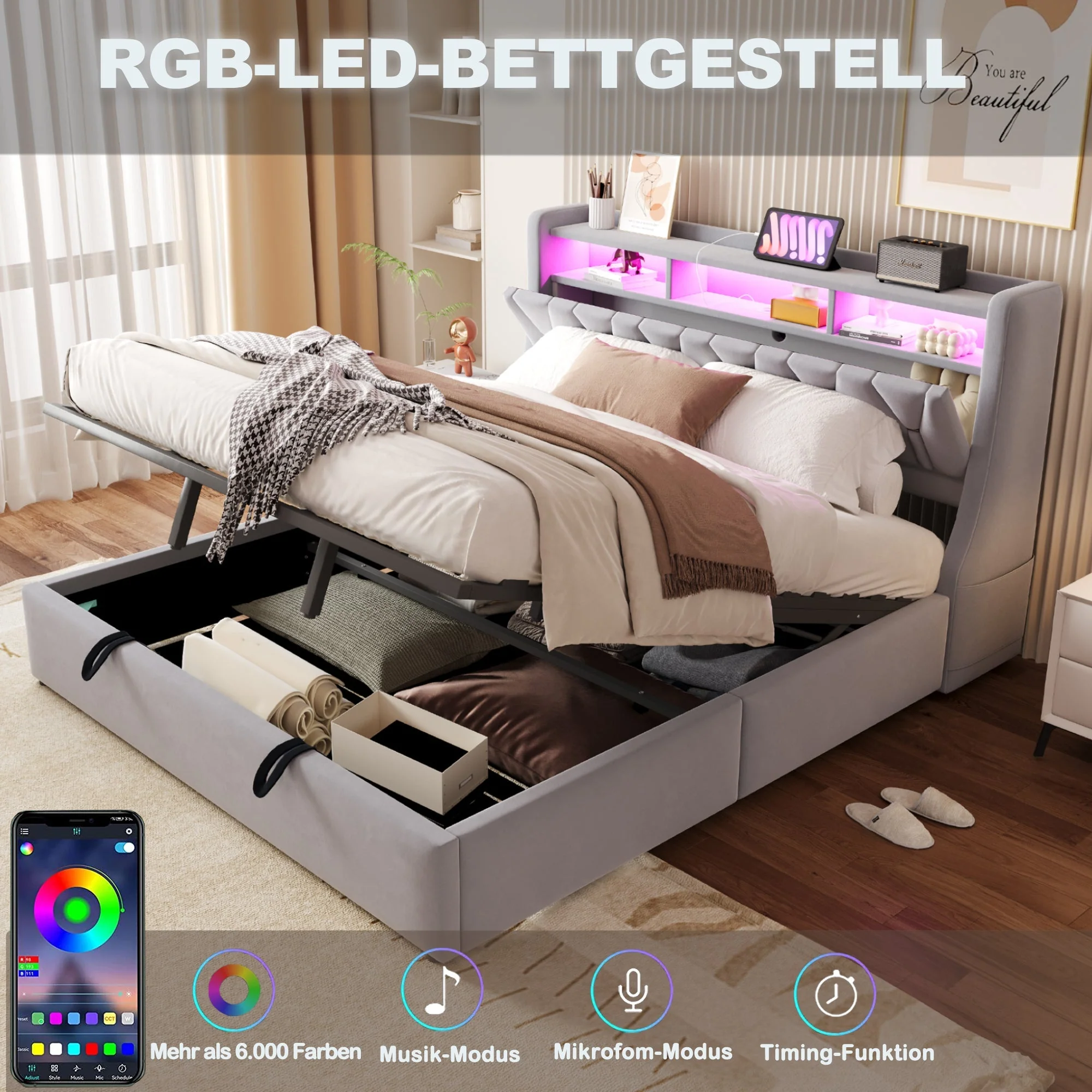 Upholstered Bed 180x200cm Hydraulic Storage Headboard with Power Outlet LED Light Grey Velvet - Image 5