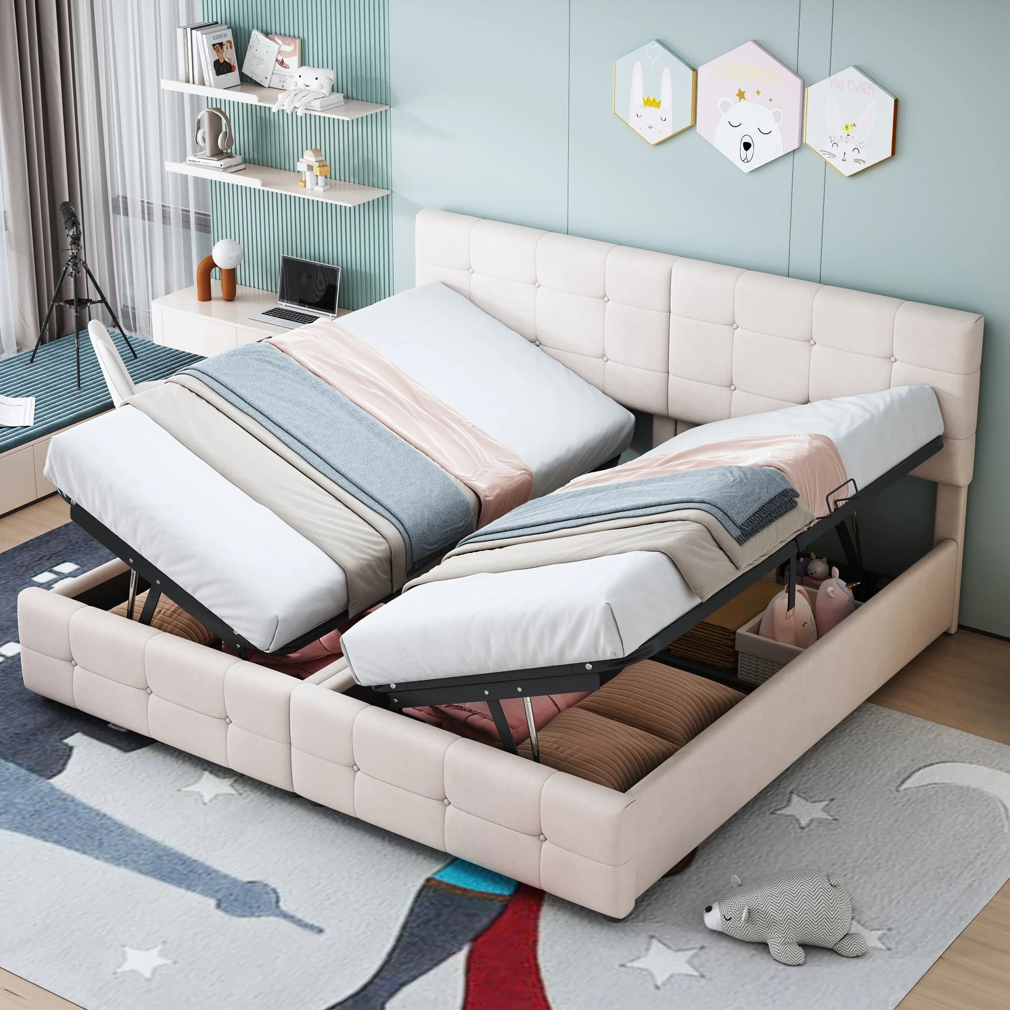 Upholstered Bed 180x200cm, Hydraulic Storage High Box Multifunctional, Beige Velvet