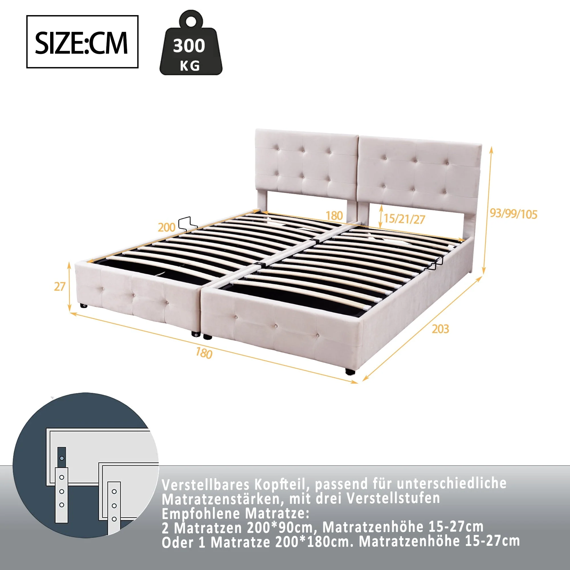Upholstered Bed 180x200cm, Hydraulic Storage High Box Multifunctional, Beige Velvet - Image 10