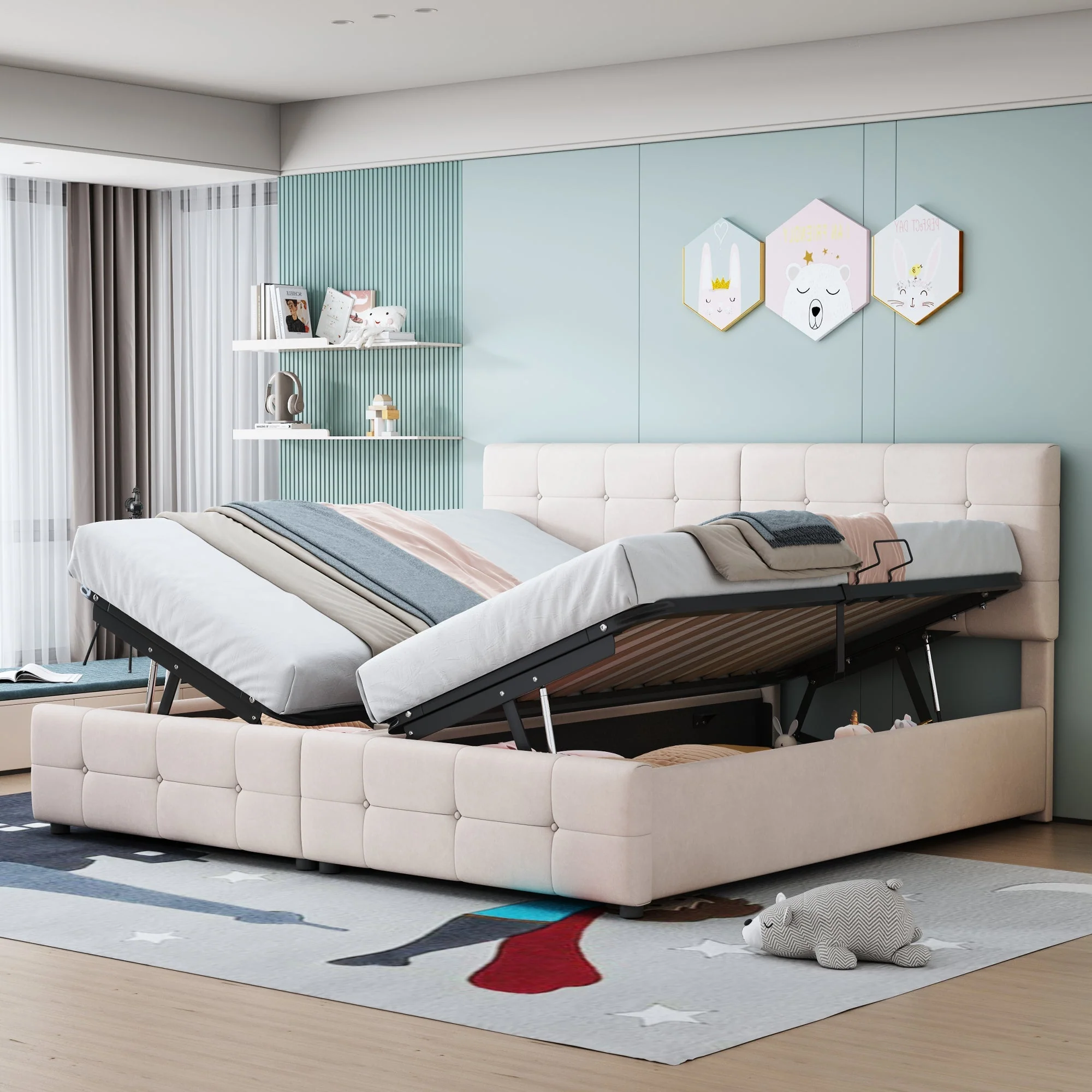 Upholstered Bed 180x200cm, Hydraulic Storage High Box Multifunctional, Beige Velvet - Image 3