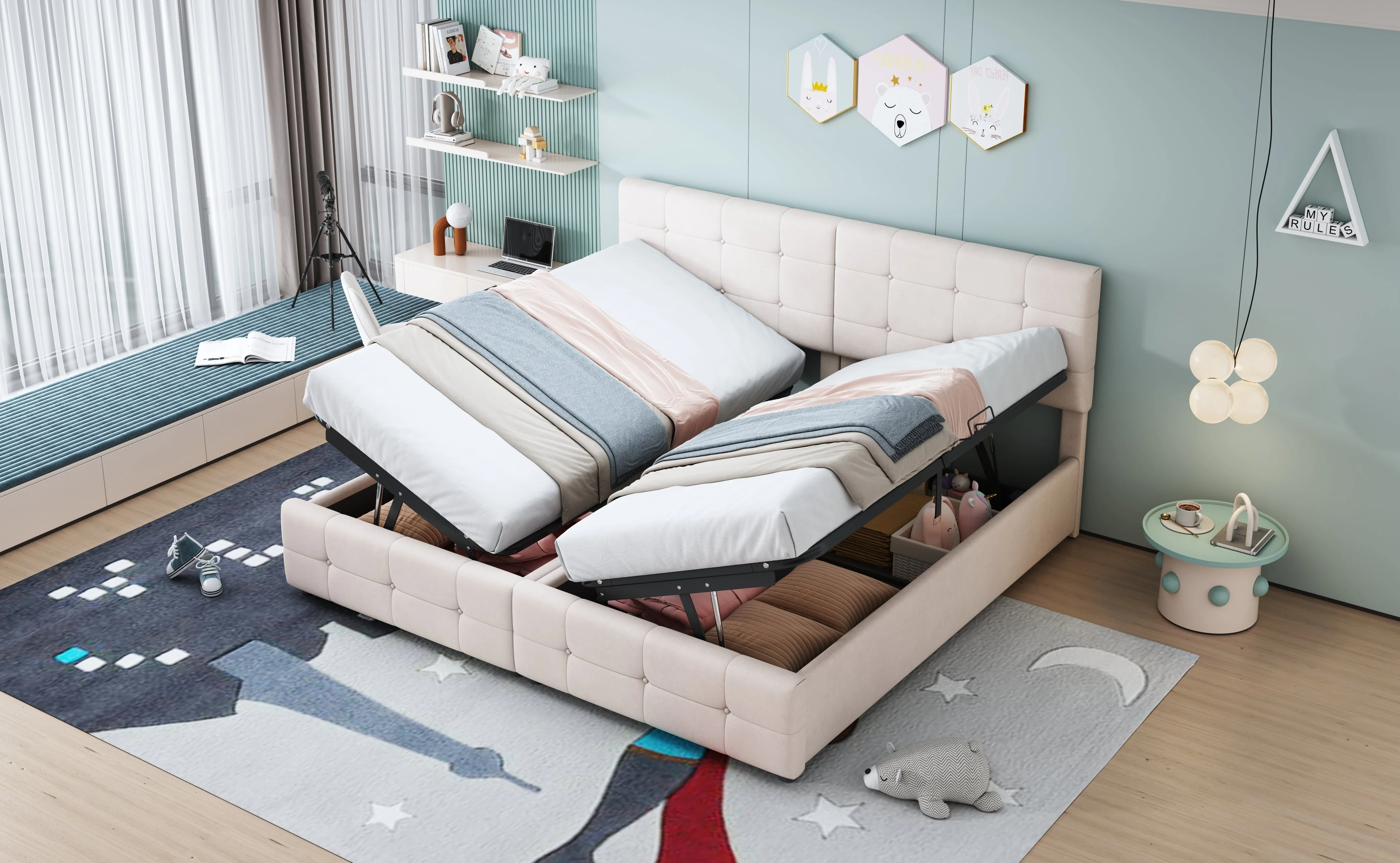 Upholstered Bed 180x200cm, Hydraulic Storage High Box Multifunctional, Beige Velvet - Image 5