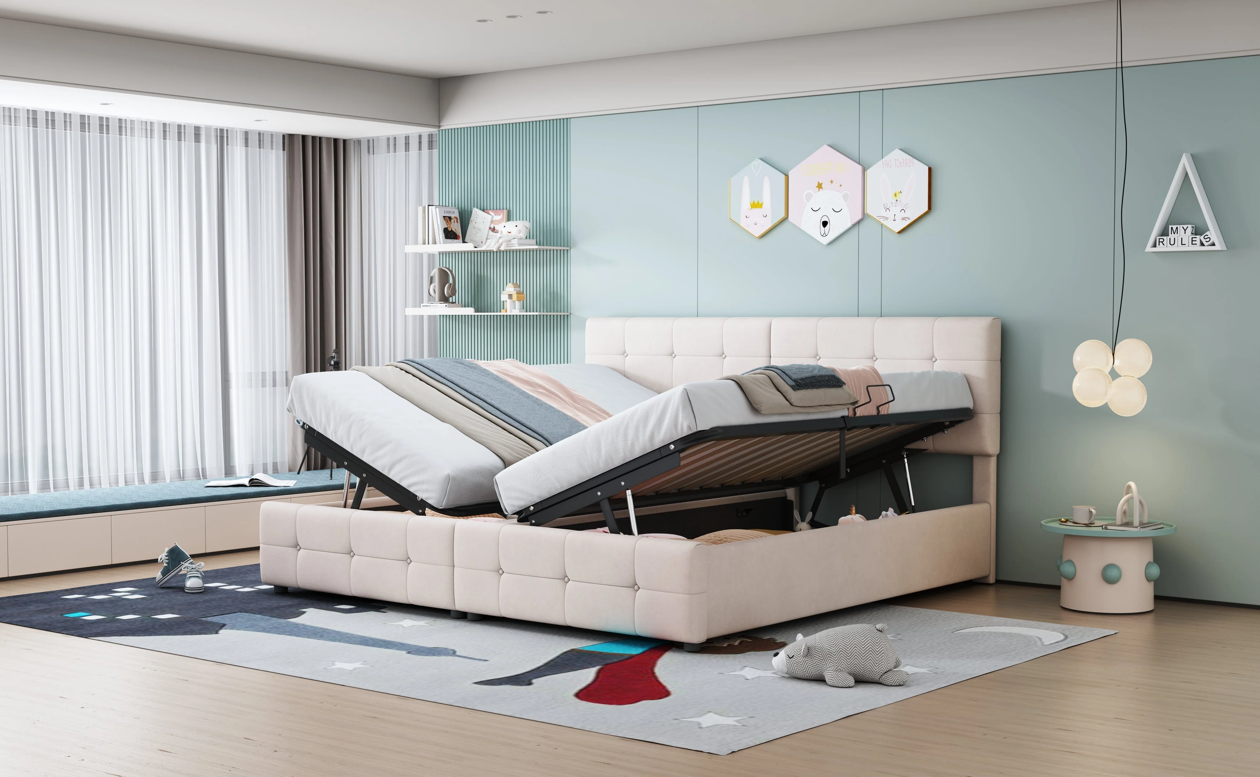 Upholstered Bed 180x200cm, Hydraulic Storage High Box Multifunctional, Beige Velvet - Image 7