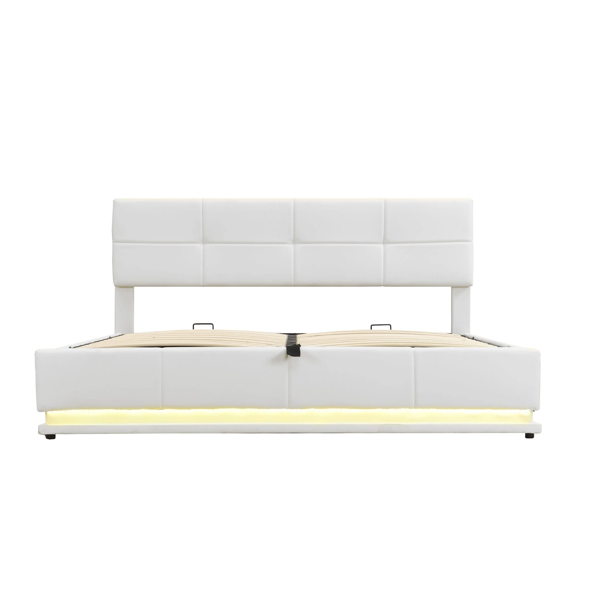 Upholstered Bed 180x200cm Hydraulic Storage LED Faux Leather - White - Image 9