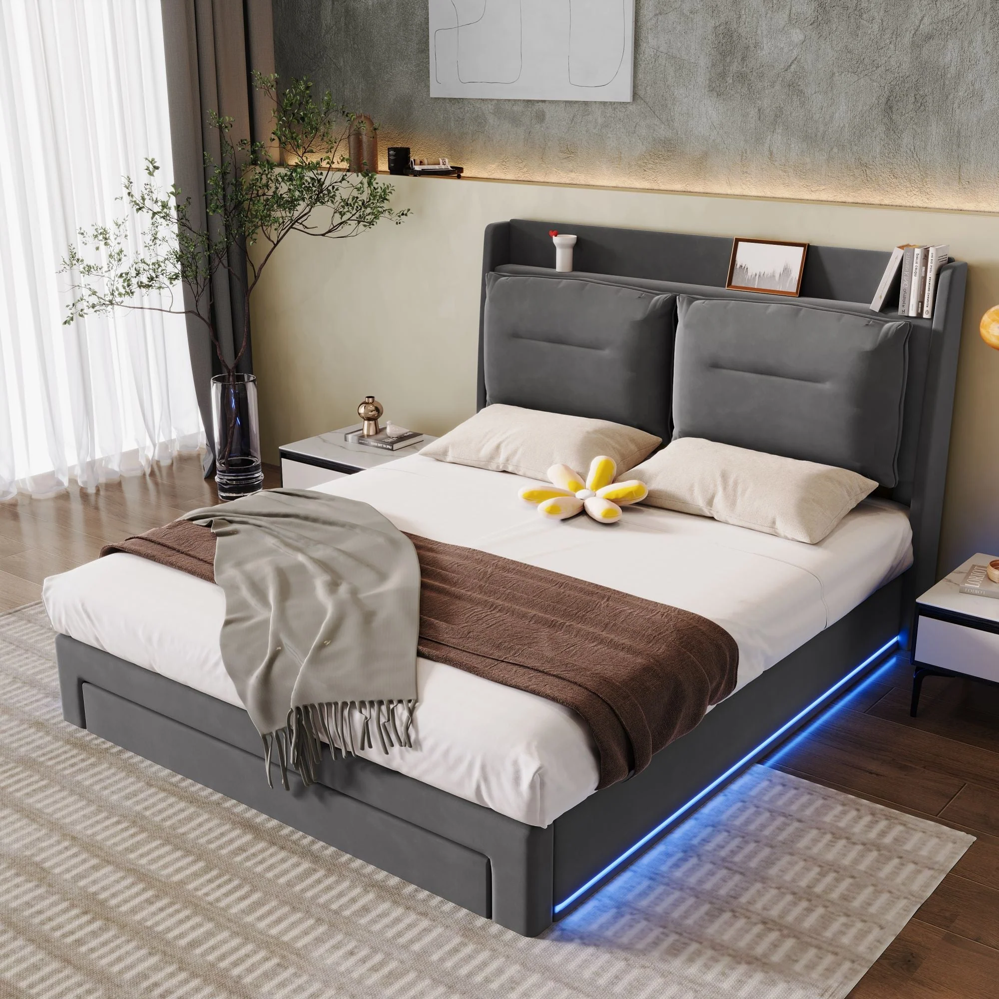 Upholstered Bed 180x200cm Hydraulic Storage LED Light Drawers - Velvet Dark Grey - Image 2