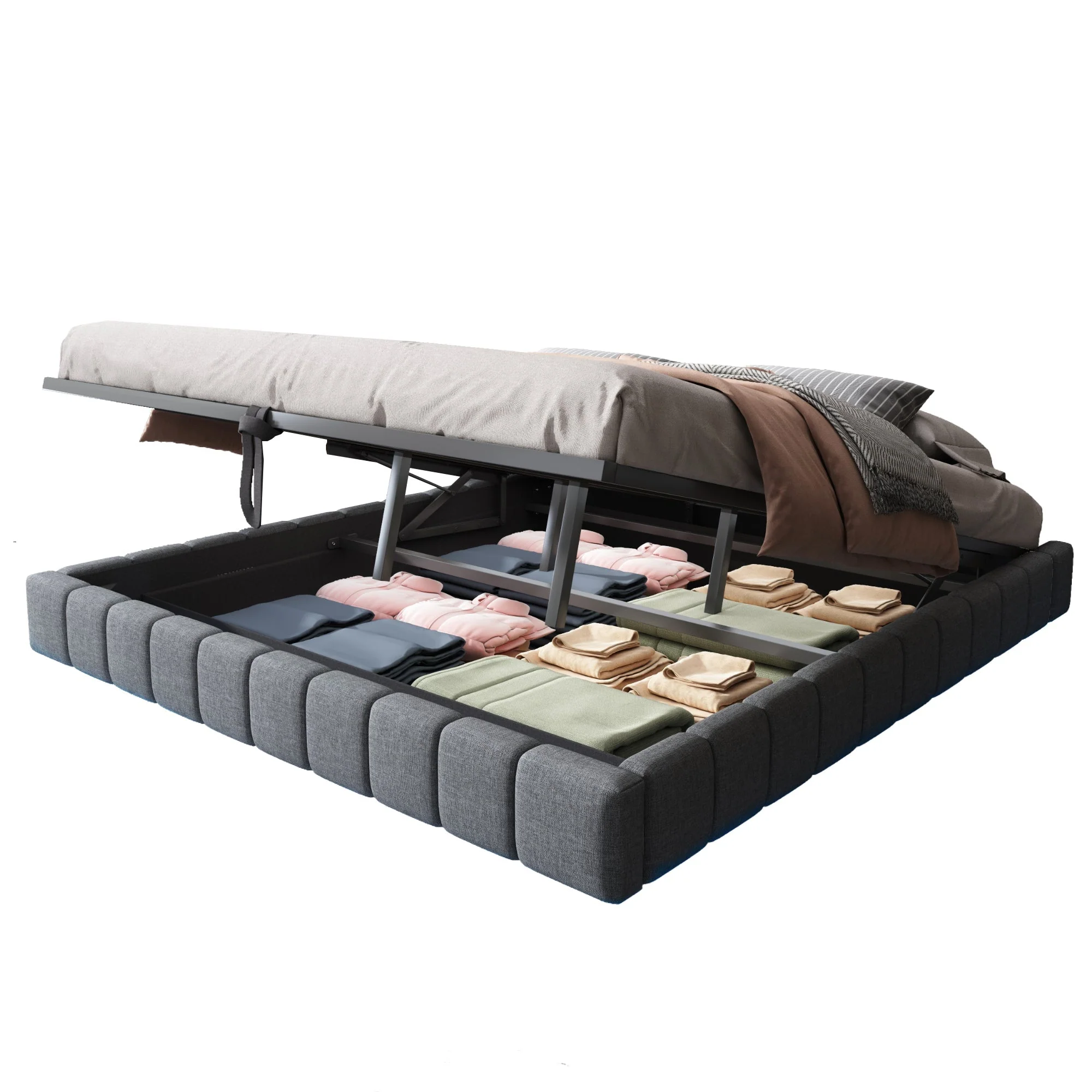 Upholstered Bed 180x200cm Hydraulic Storage LED Light Floating Frame, Linen Grey - Image 6