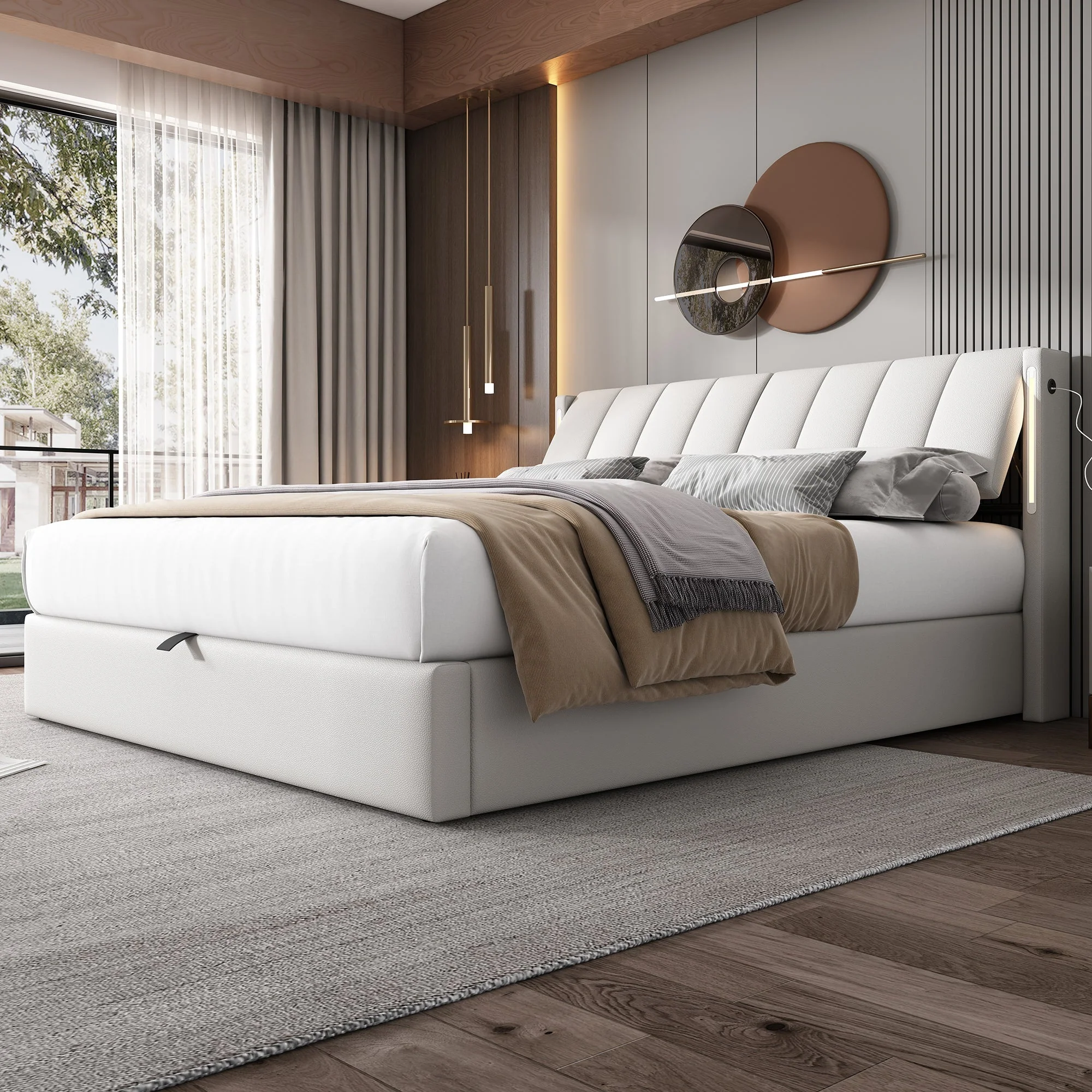 Upholstered Bed 180x200cm Hydraulic Storage LED USB Adjustable Headboard - White PU - Image 3