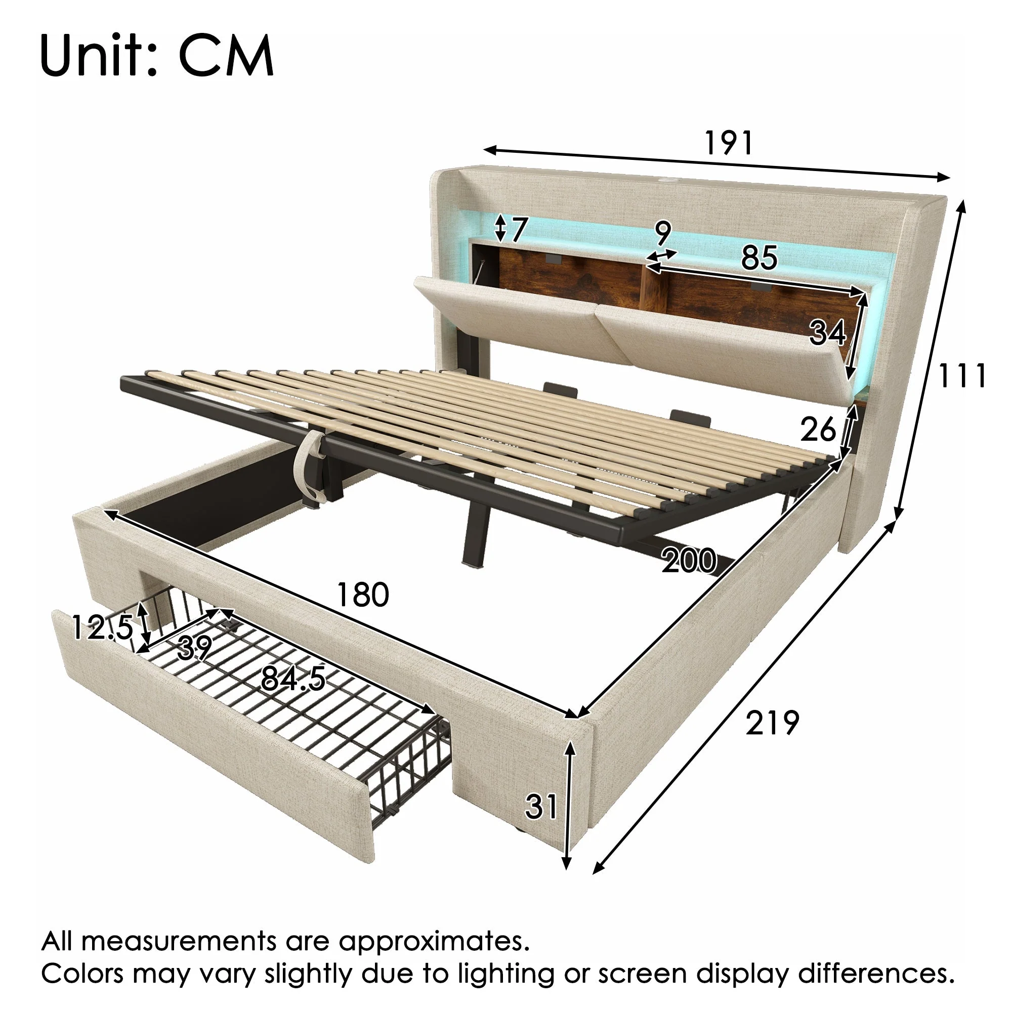 Upholstered Bed 180x200cm Hydraulic Storage LED USB/USB-C Headboard with Compartment Beige Linen - Image 2