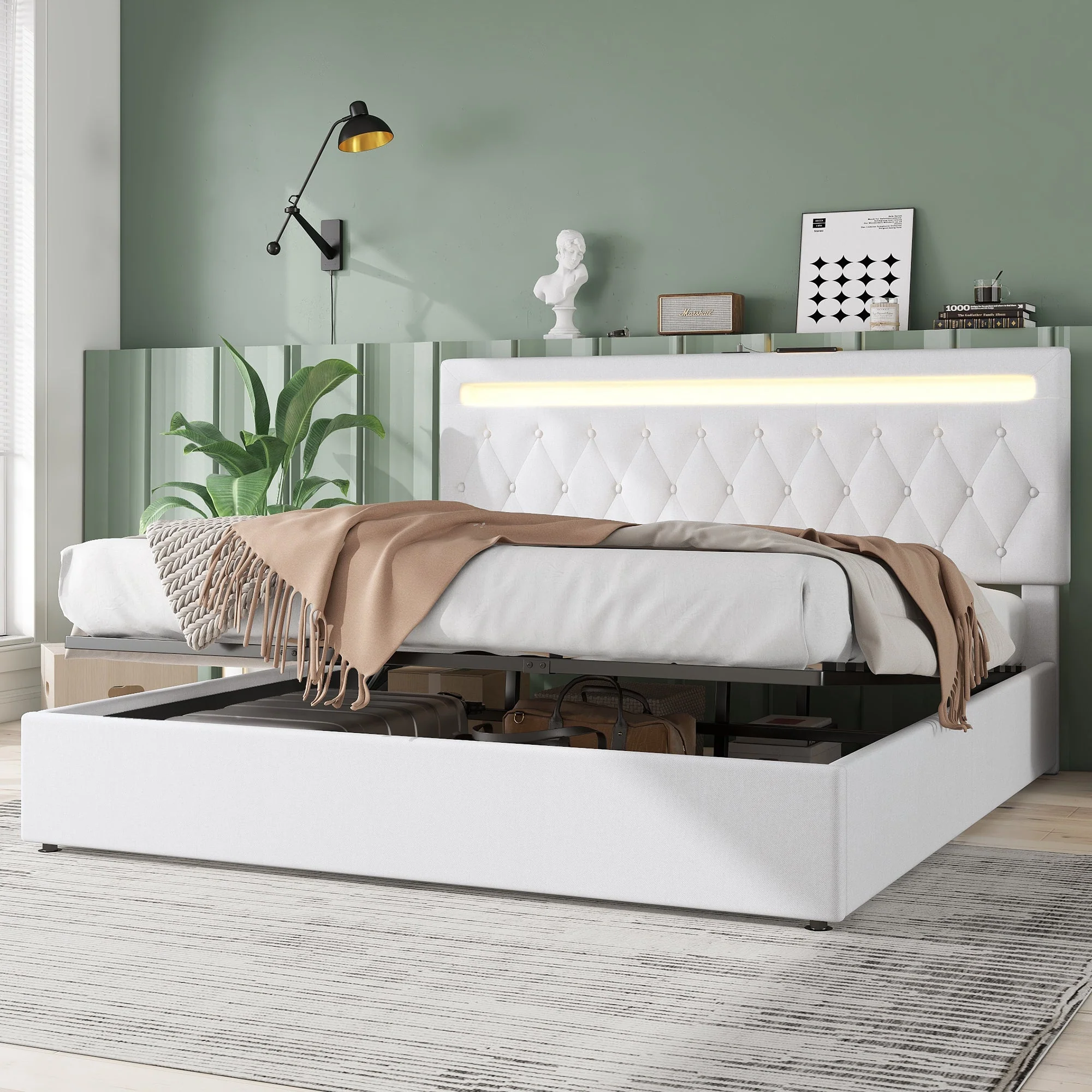 Upholstered Bed 180x200cm Hydraulic Storage LED USB - White - Image 2