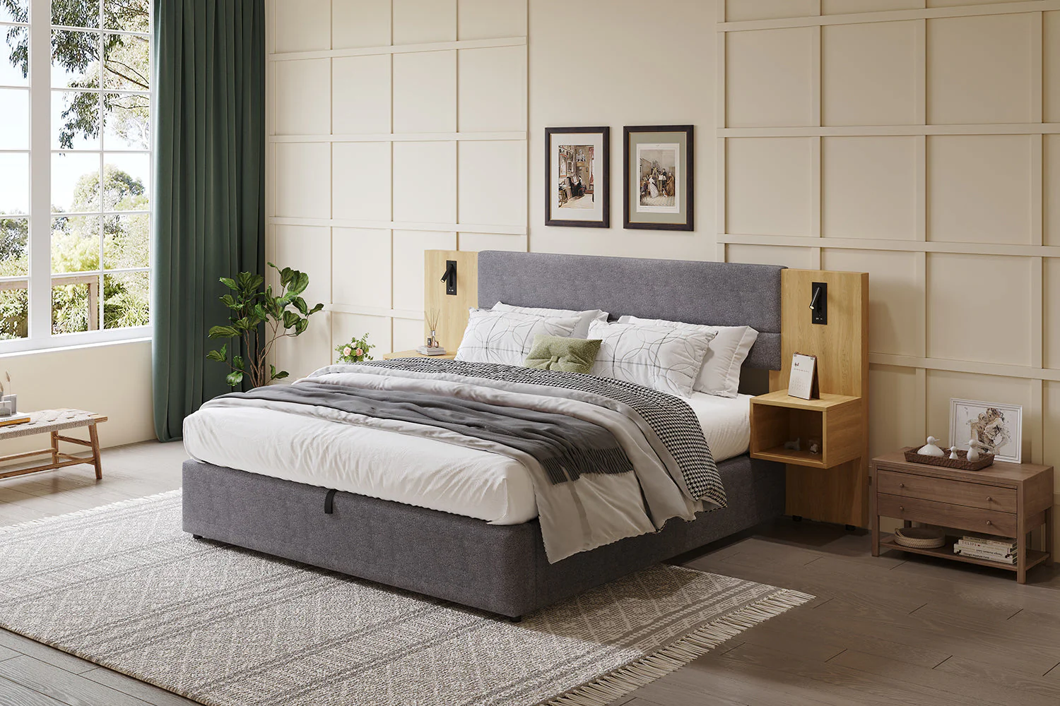 Upholstered Bed 180x200cm Hydraulic Storage USB LED 2 Bedside Tables - Velvet Grey/Natural - Image 6