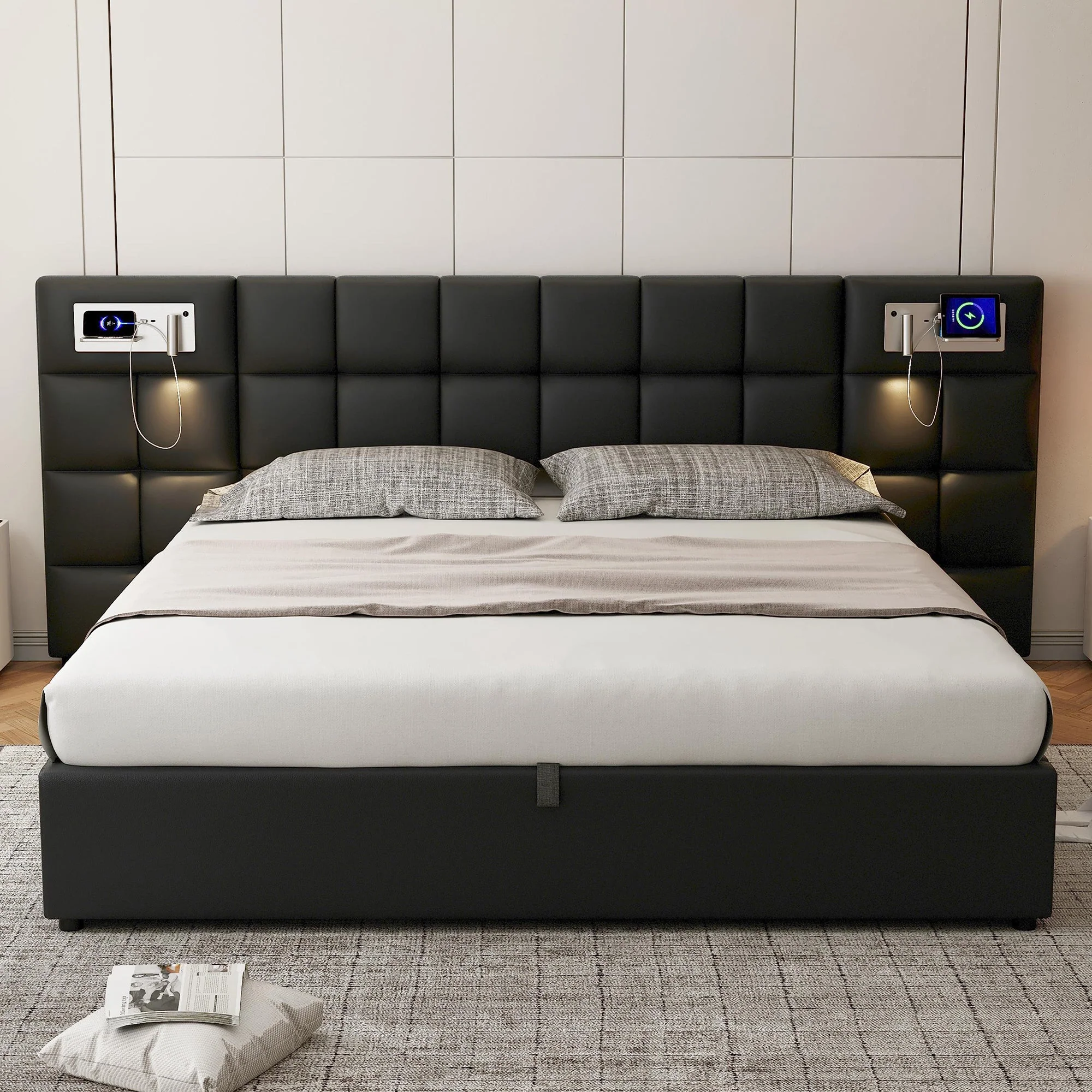 Upholstered Bed 180x200cm Hydraulic Storage USB/Wireless Charging LED Lamp - PU Black - Image 5