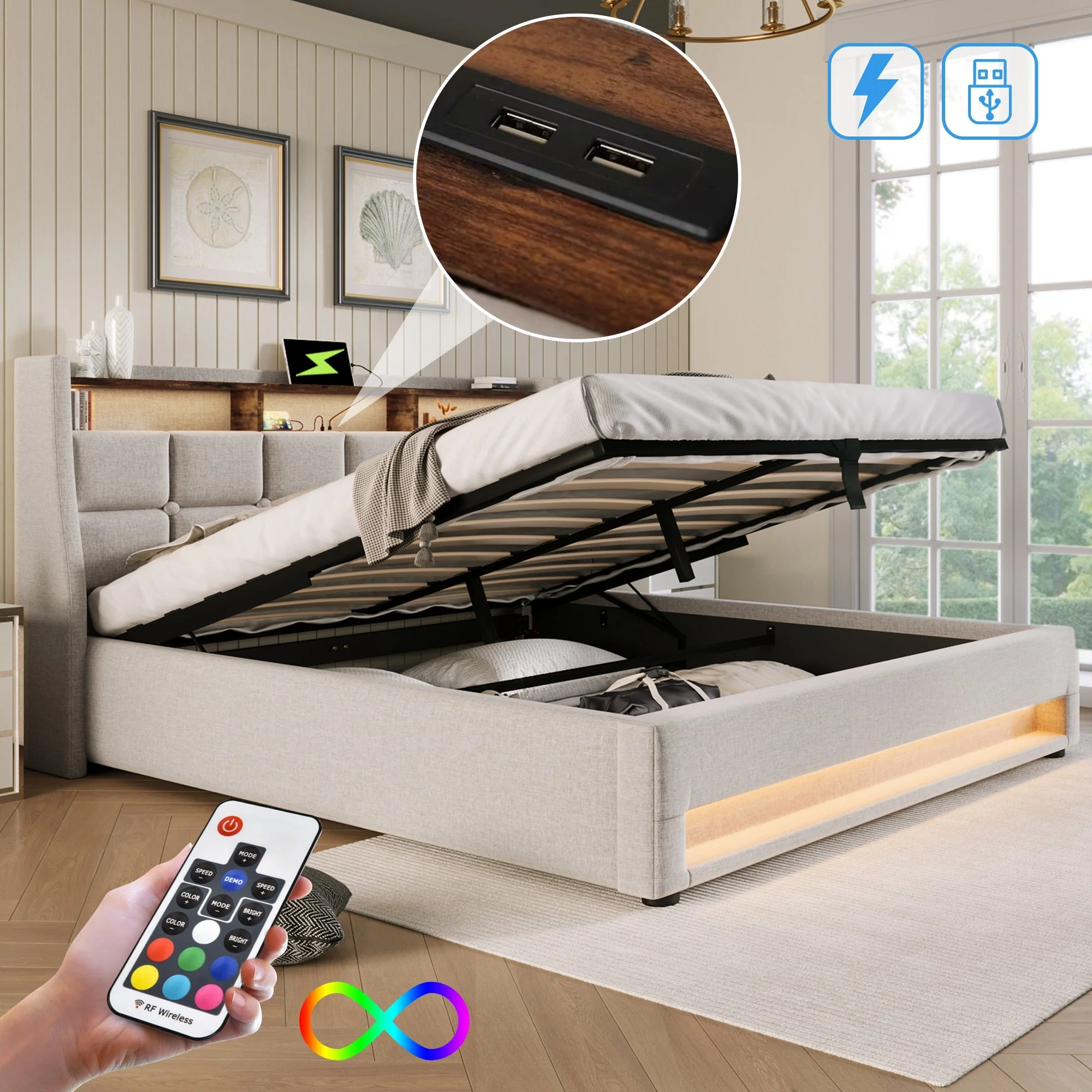Upholstered Bed, 180x200cm LED Double with USB, Linen