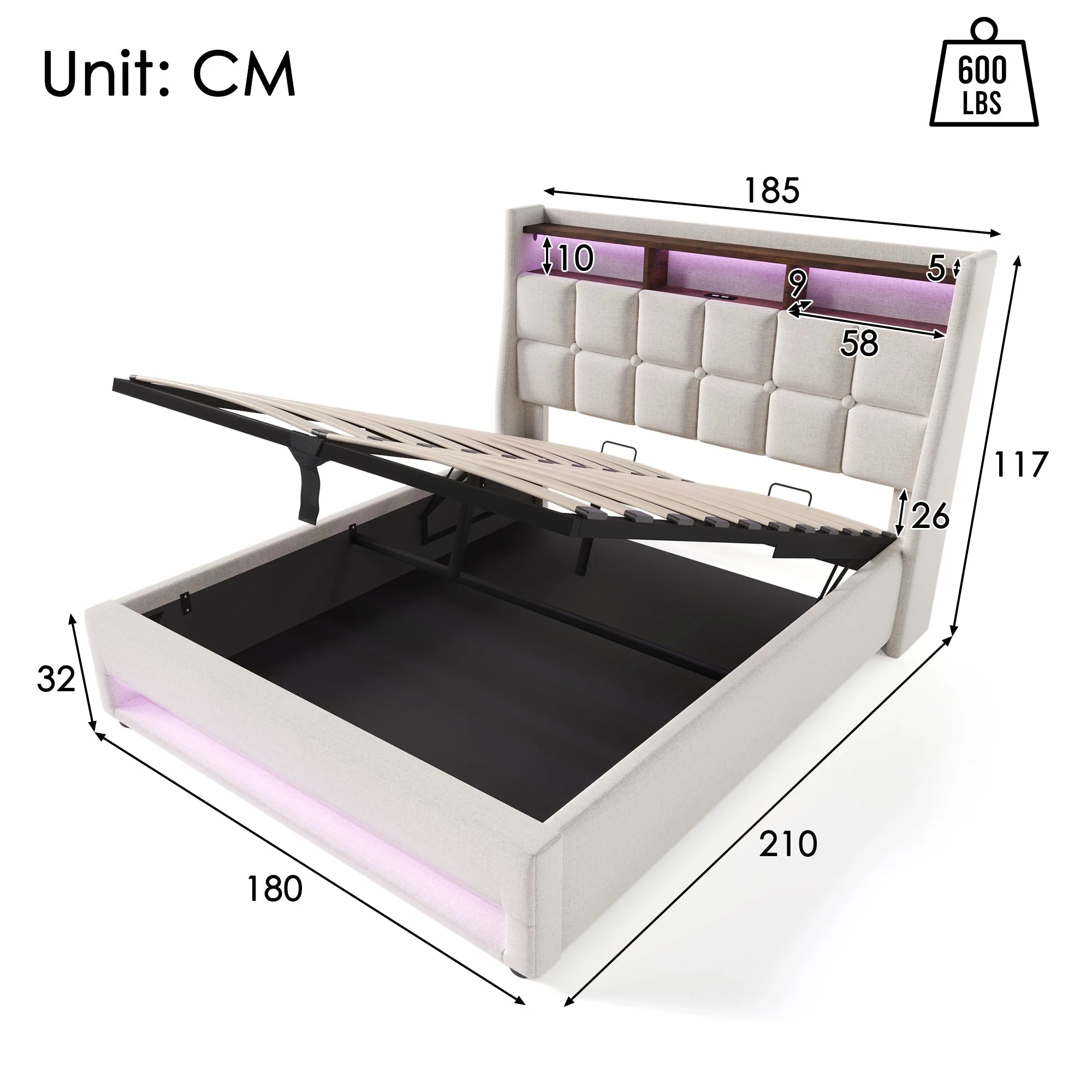 Upholstered Bed, 180x200cm LED Double with USB, Linen - Image 2