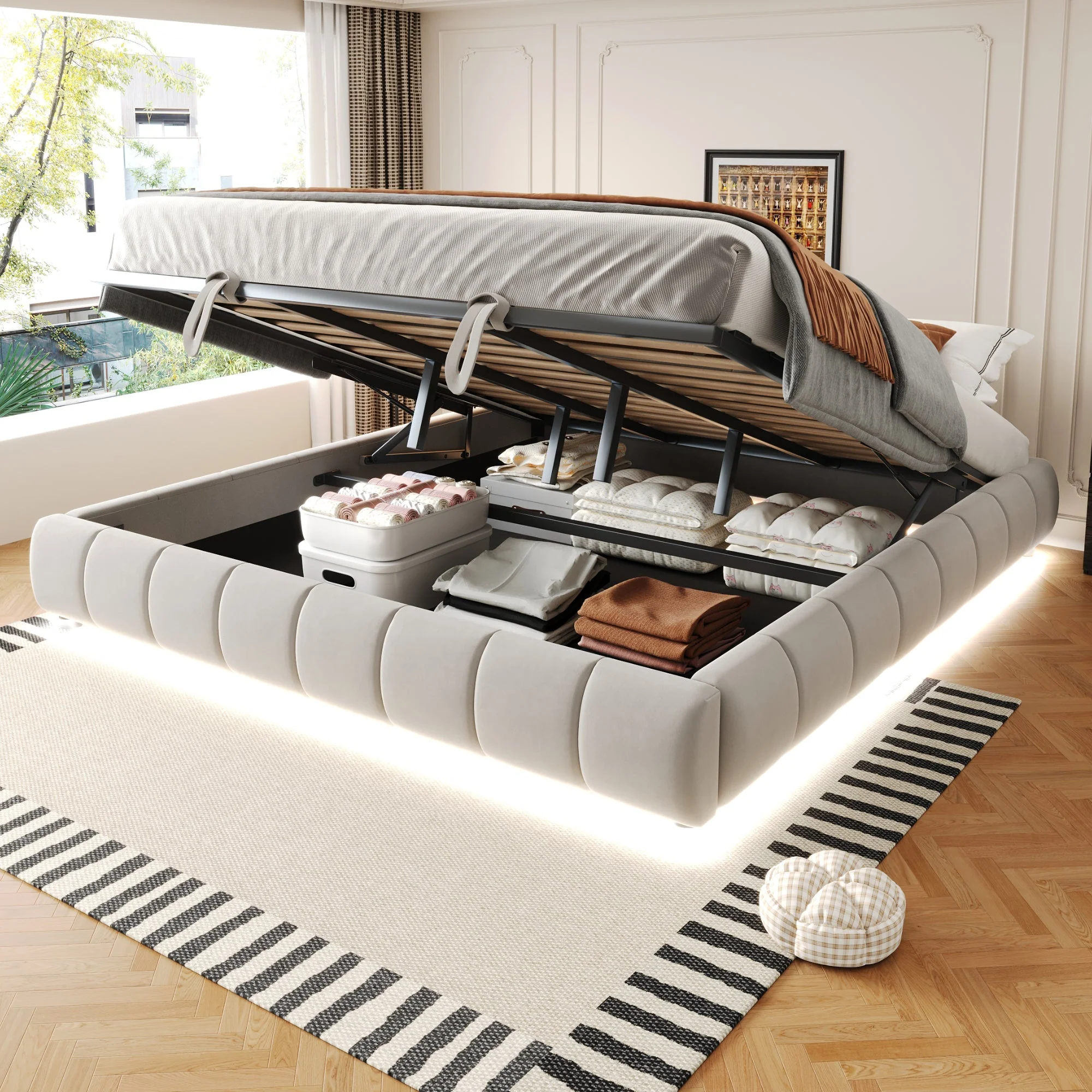 Upholstered Bed 180x200cm LED Floating Frame Storage, Beige