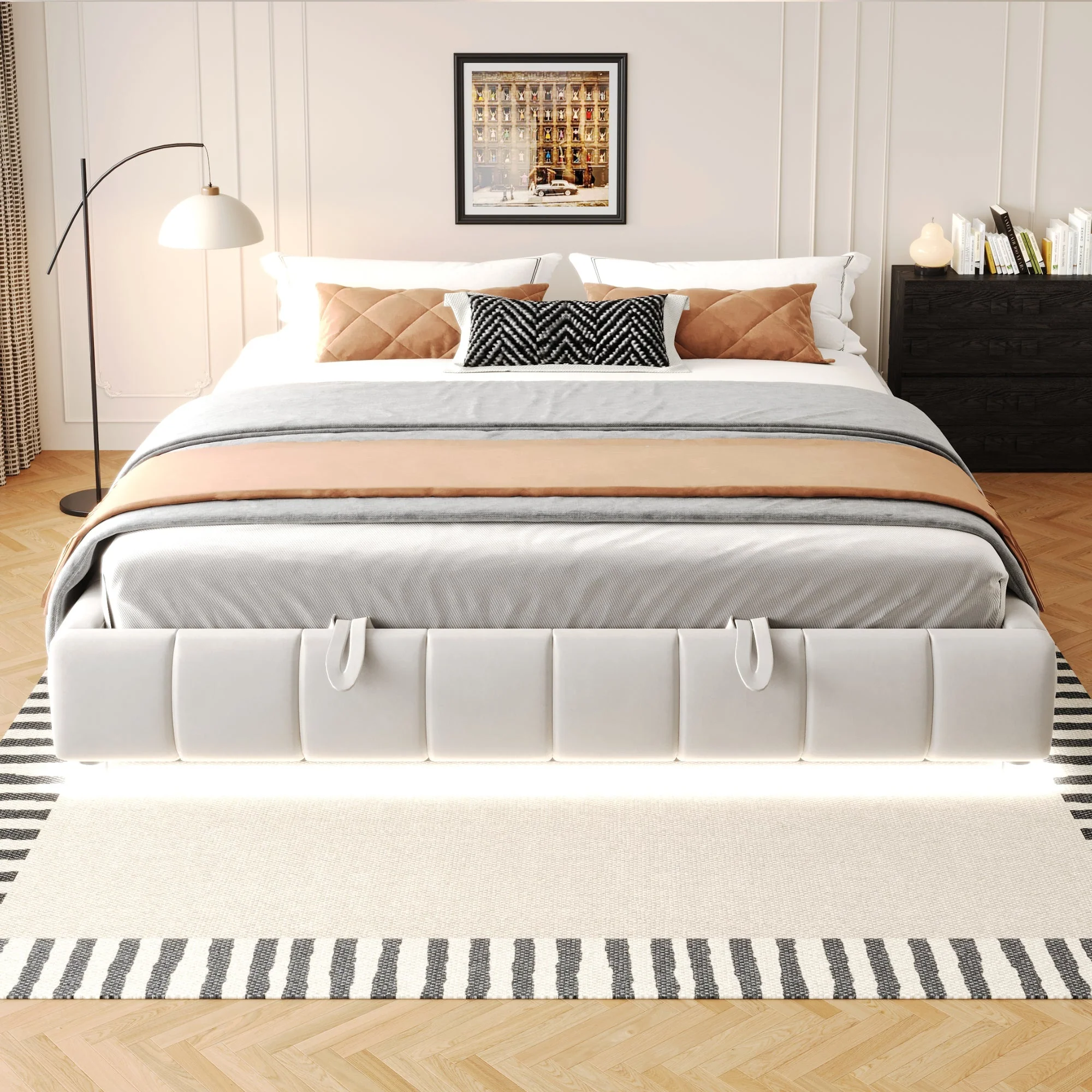 Upholstered Bed 180x200cm LED Floating Frame Storage, Beige - Image 3