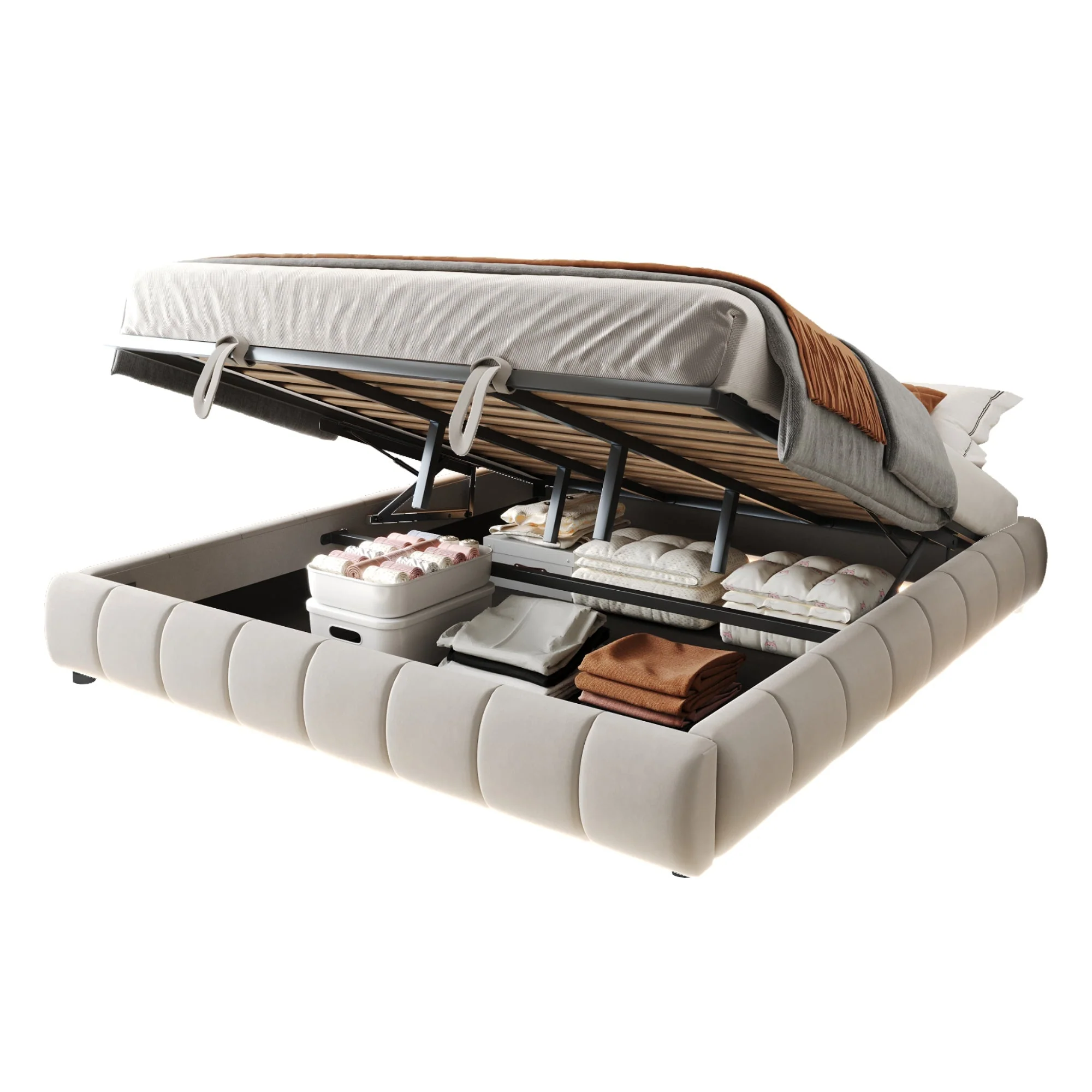 Upholstered Bed 180x200cm LED Floating Frame Storage, Beige - Image 4