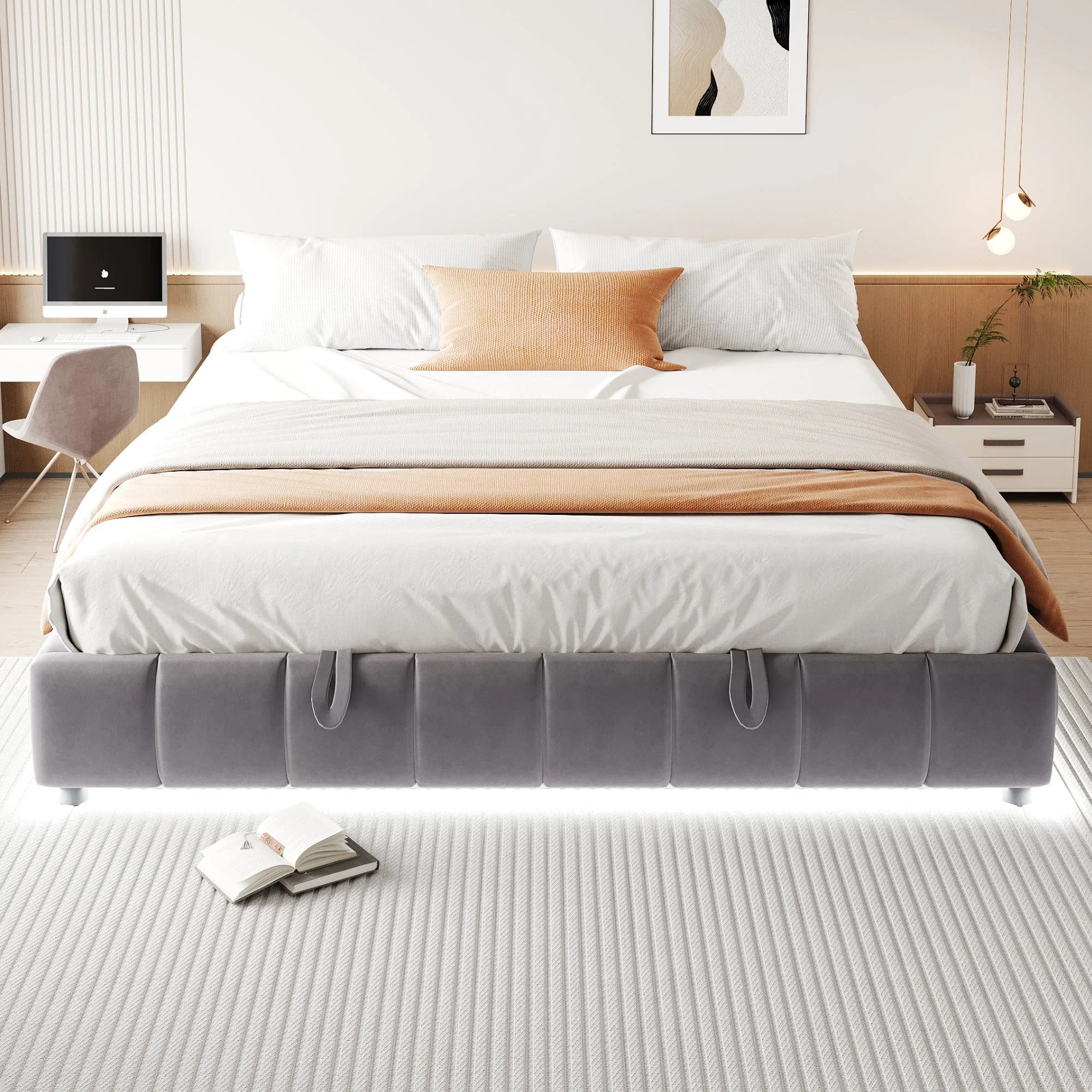 Upholstered Bed, 180x200cm LED Floating with Storage, Grey - Image 3