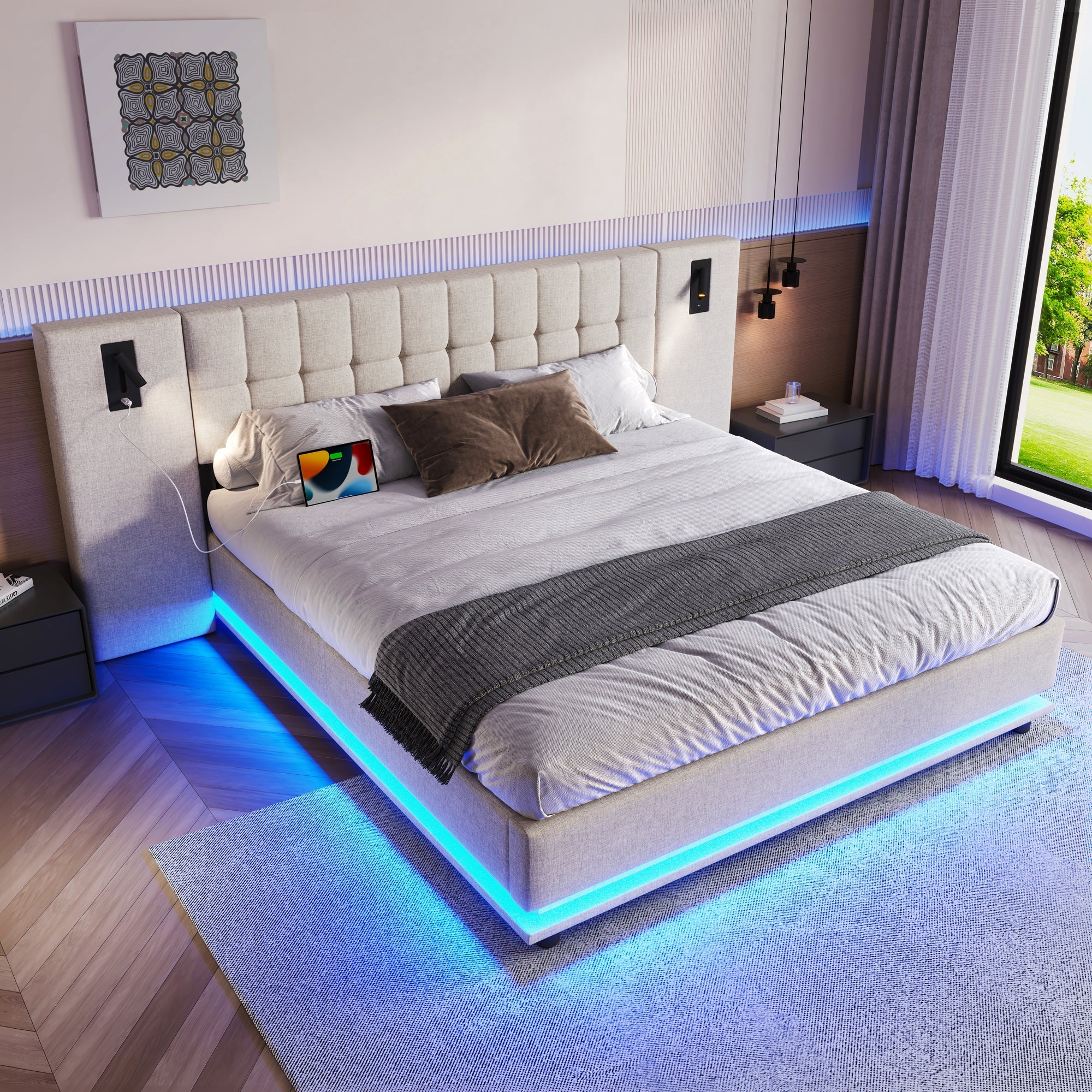 Upholstered Bed 180x200cm LED Headboard Spotlight USB - Linen Beige - Image 2