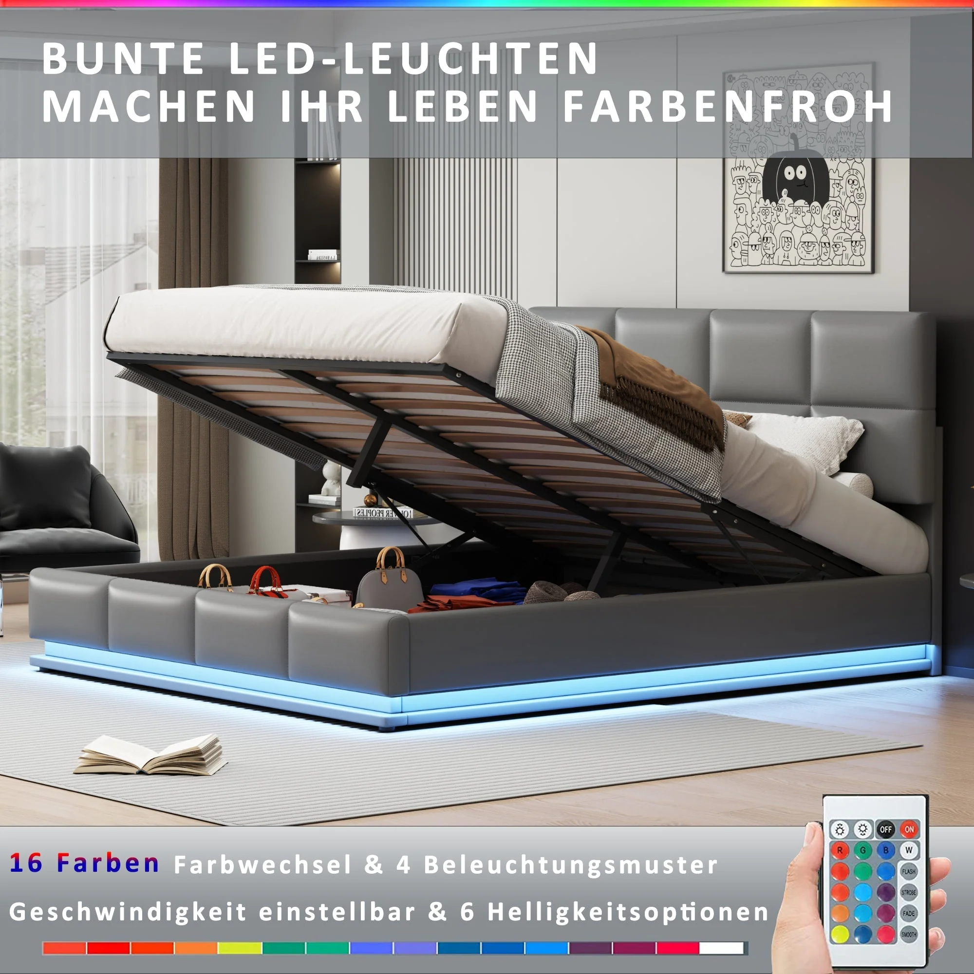 Upholstered Bed, 180x200cm LED & Hydraulic Storage, Faux Leather Light Grey - Image 2