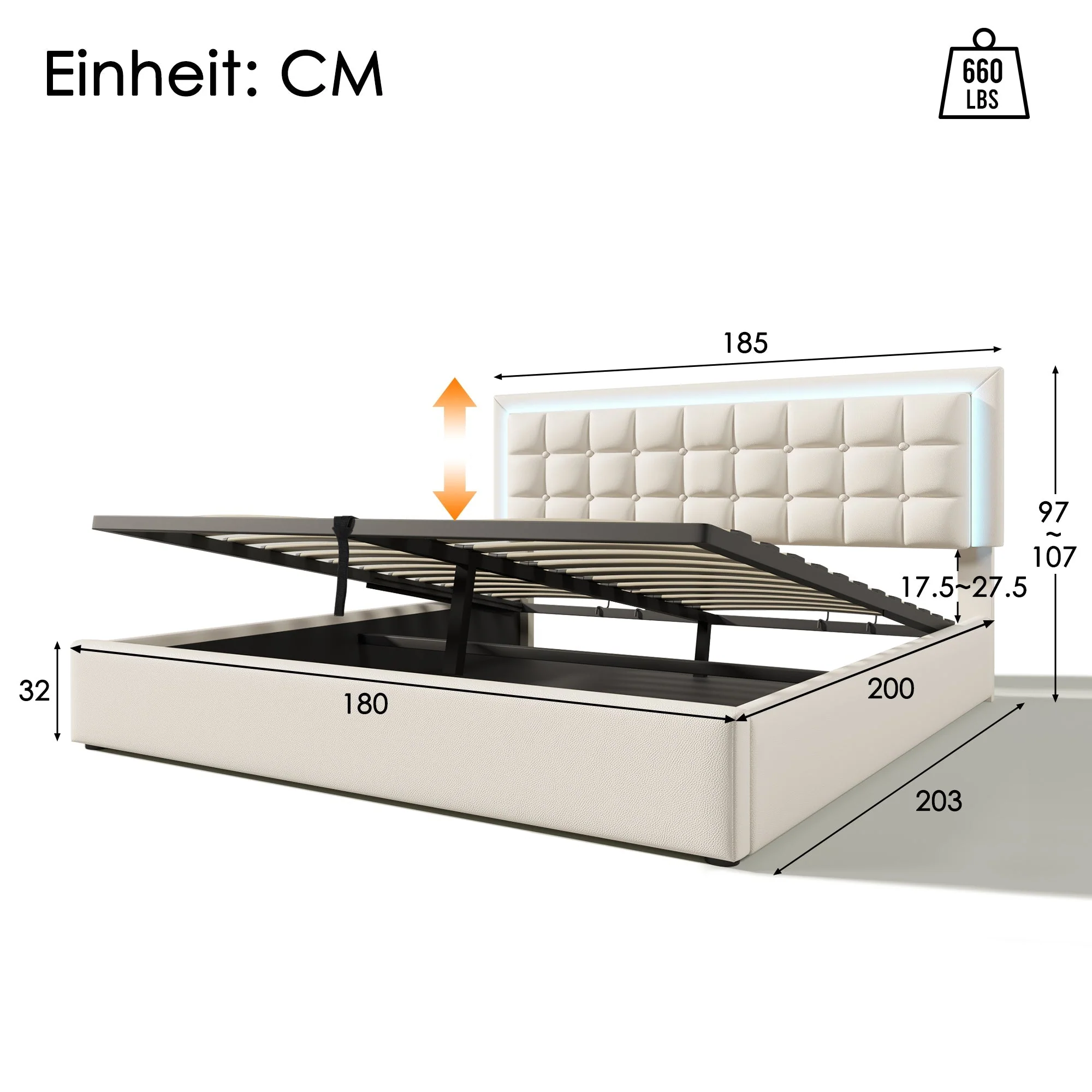 Upholstered Bed, 180x200cm LED Storage Double, White Artificial Leather - Image 2