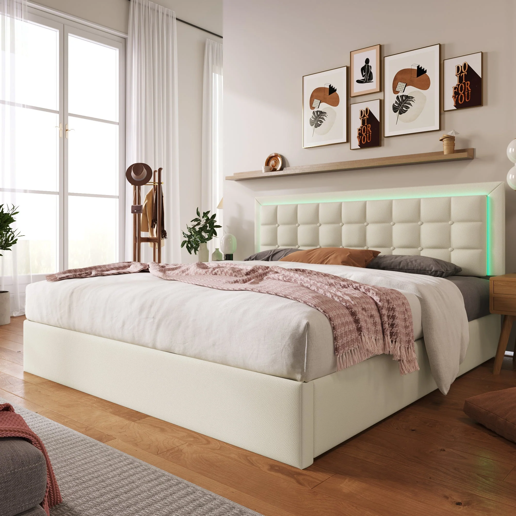 Upholstered Bed, 180x200cm LED Storage Double, White Artificial Leather - Image 3