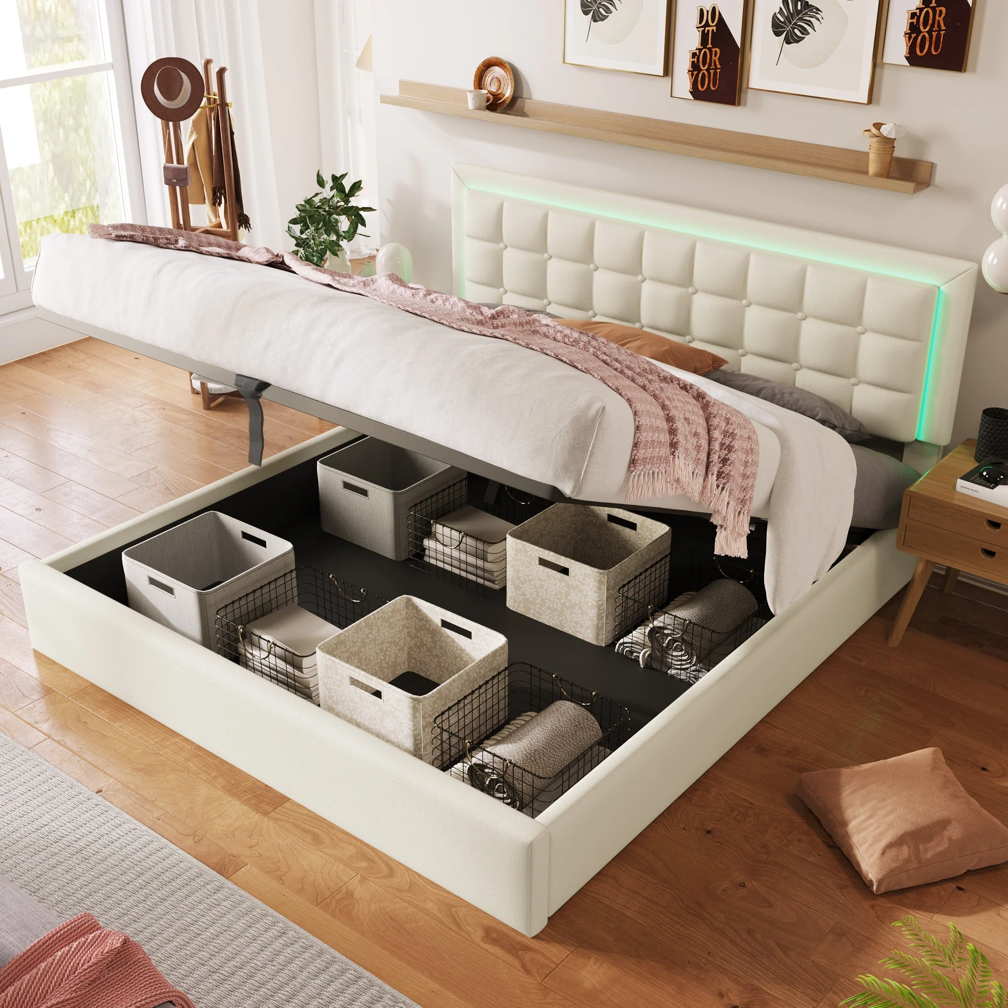 Upholstered Bed, 180x200cm LED Storage Double, White Artificial Leather - Image 4