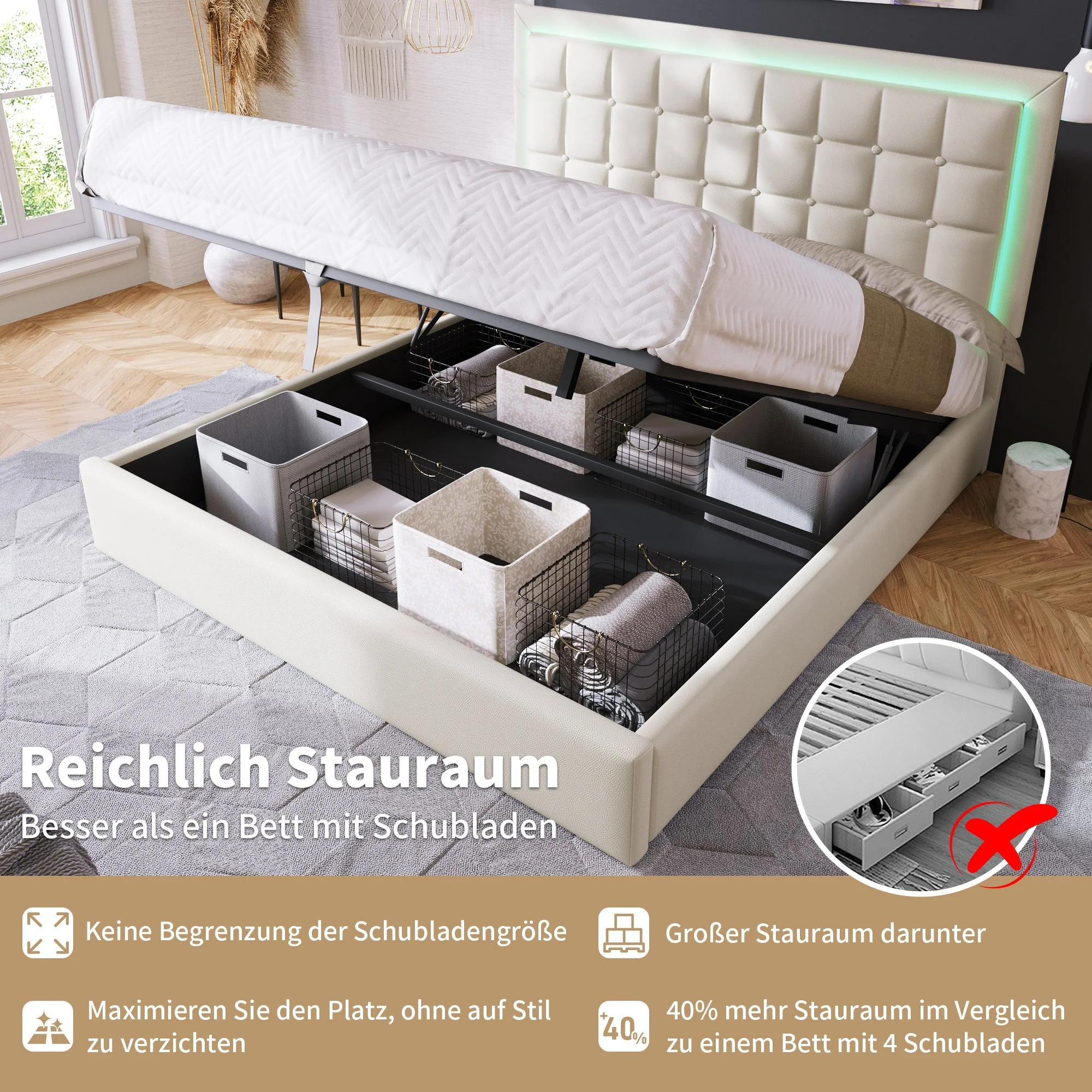 Upholstered Bed, 180x200cm LED Storage Double, White Artificial Leather - Image 5