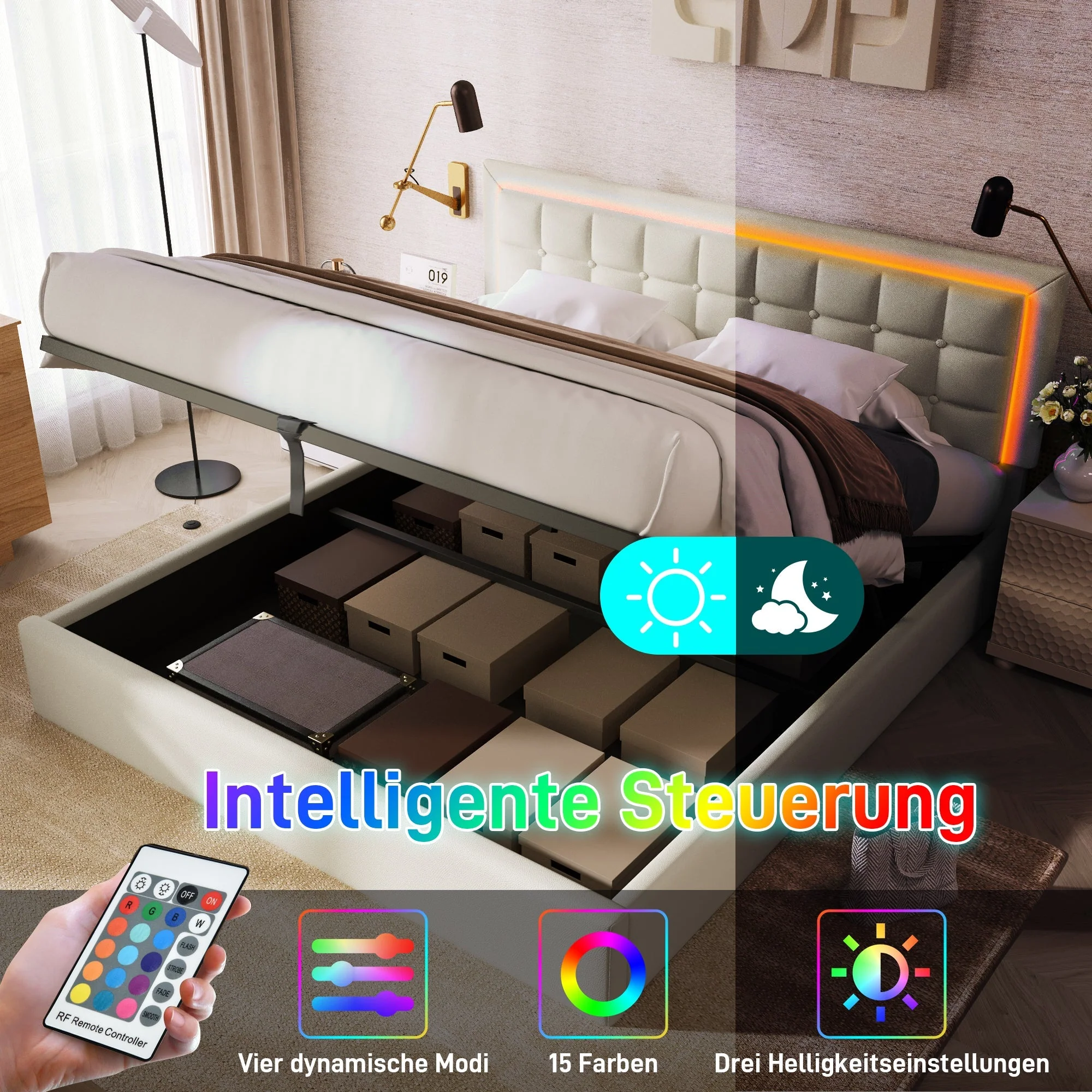 Upholstered Bed, 180x200cm LED Storage Double, White Artificial Leather - Image 7