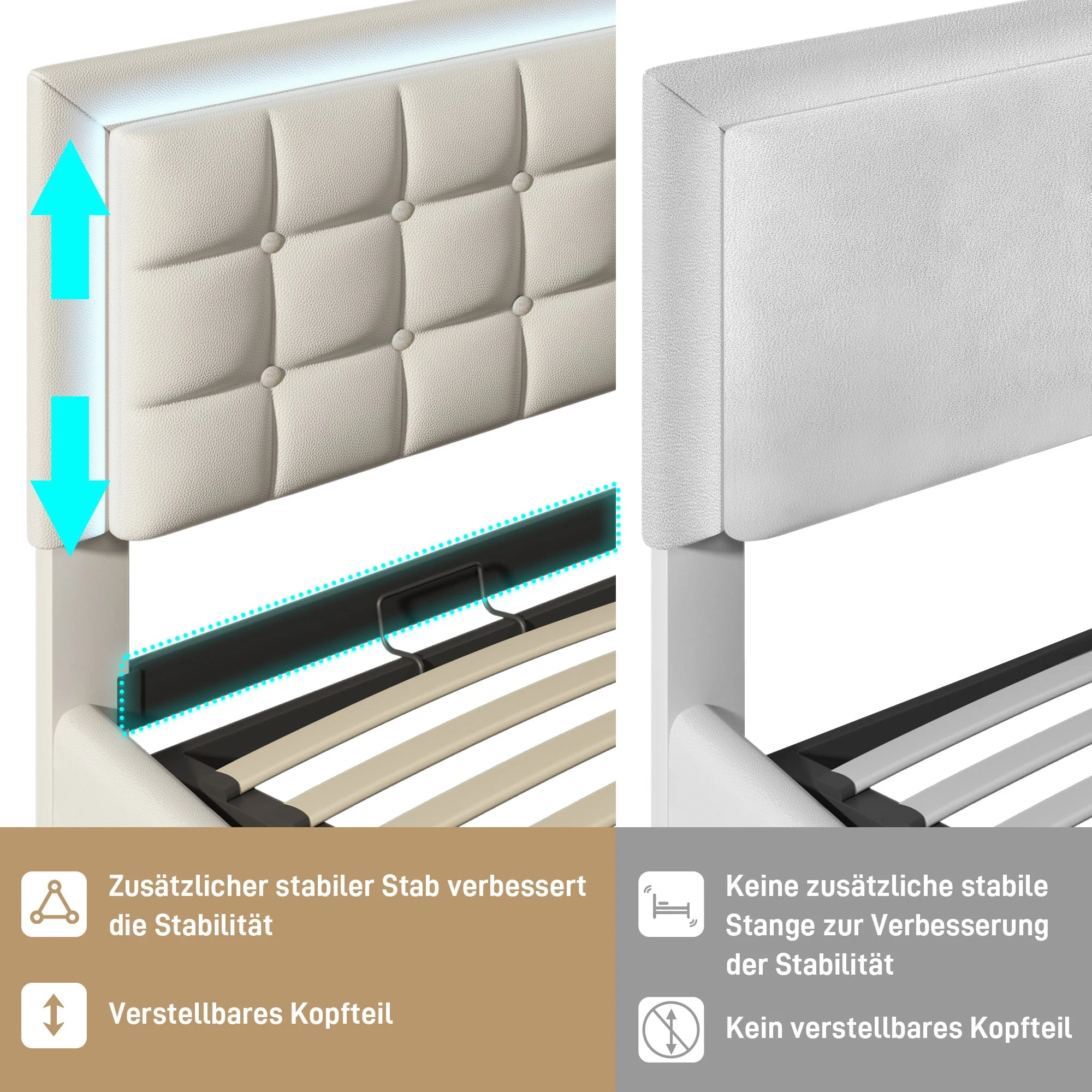 Upholstered Bed, 180x200cm LED Storage Double, White Artificial Leather - Image 9