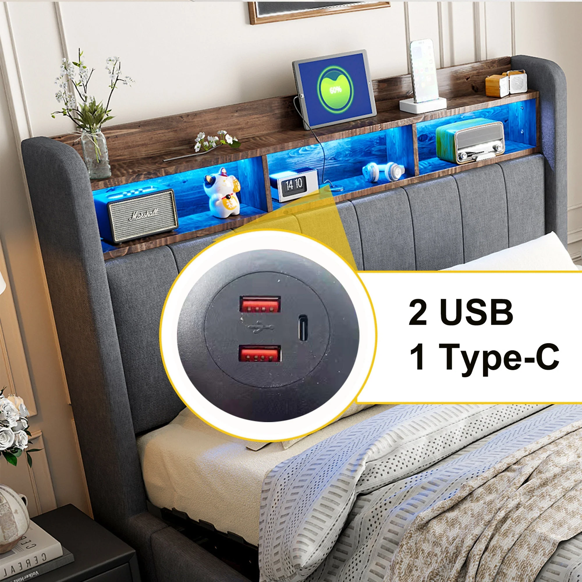 Upholstered Bed 180x200cm LED USB Hydraulic Storage Headboard | Linen Fabric Grey - Image 6