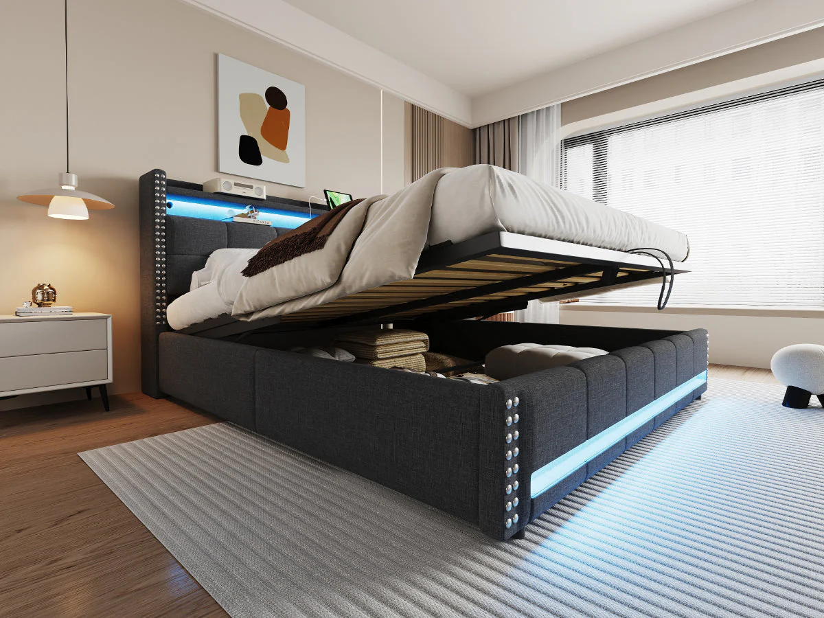 Upholstered Bed 180x200cm LED/USB Hydraulic Storage Linen Fabric Grey - Image 7