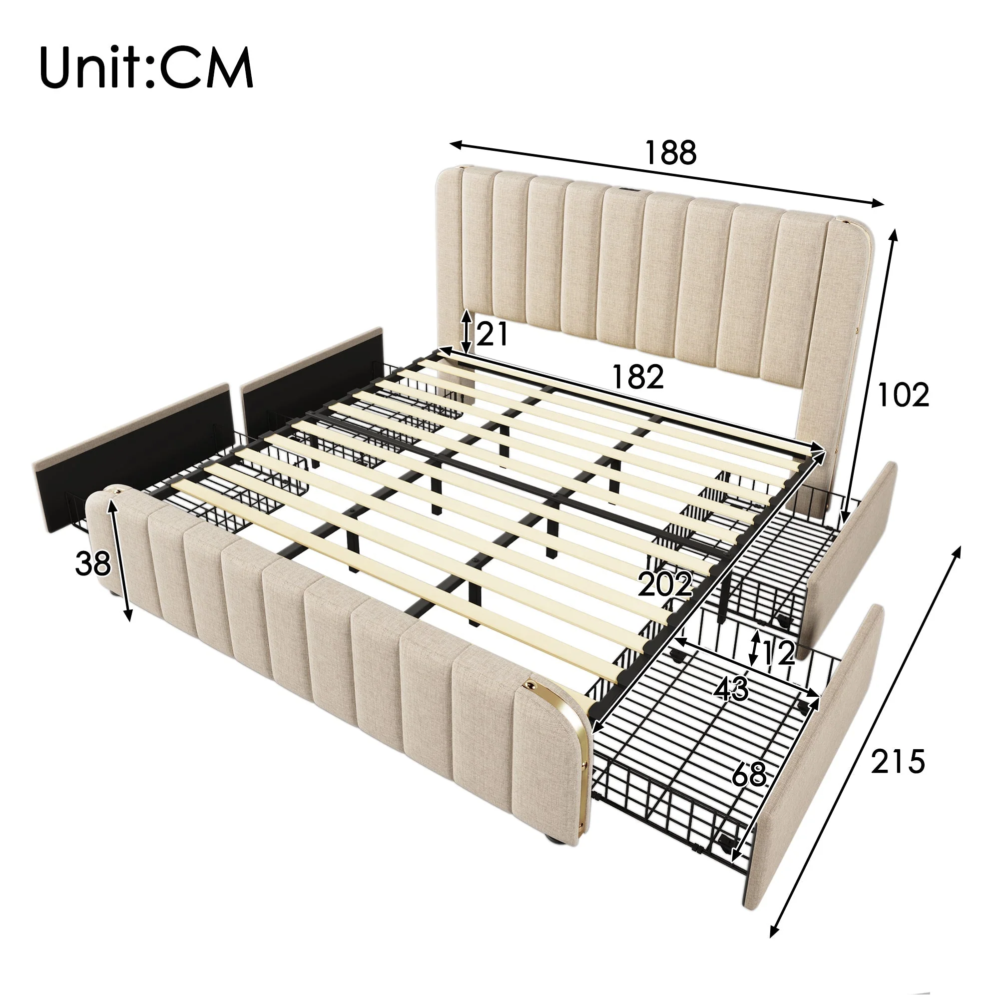 Upholstered Bed 180x200cm, Padded Headboard USB Type-C, 4 Drawers, Beige Linen - Image 2