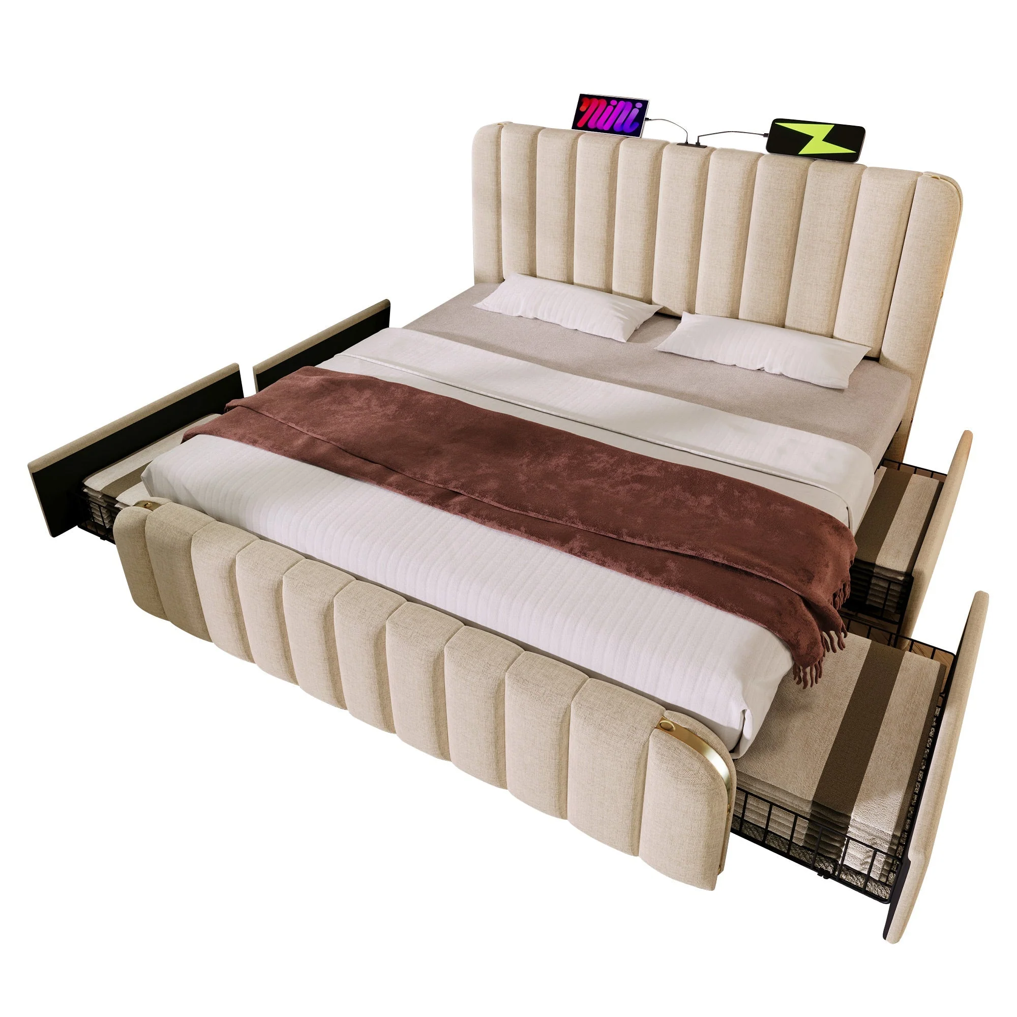 Upholstered Bed 180x200cm, Padded Headboard USB Type-C, 4 Drawers, Beige Linen - Image 8