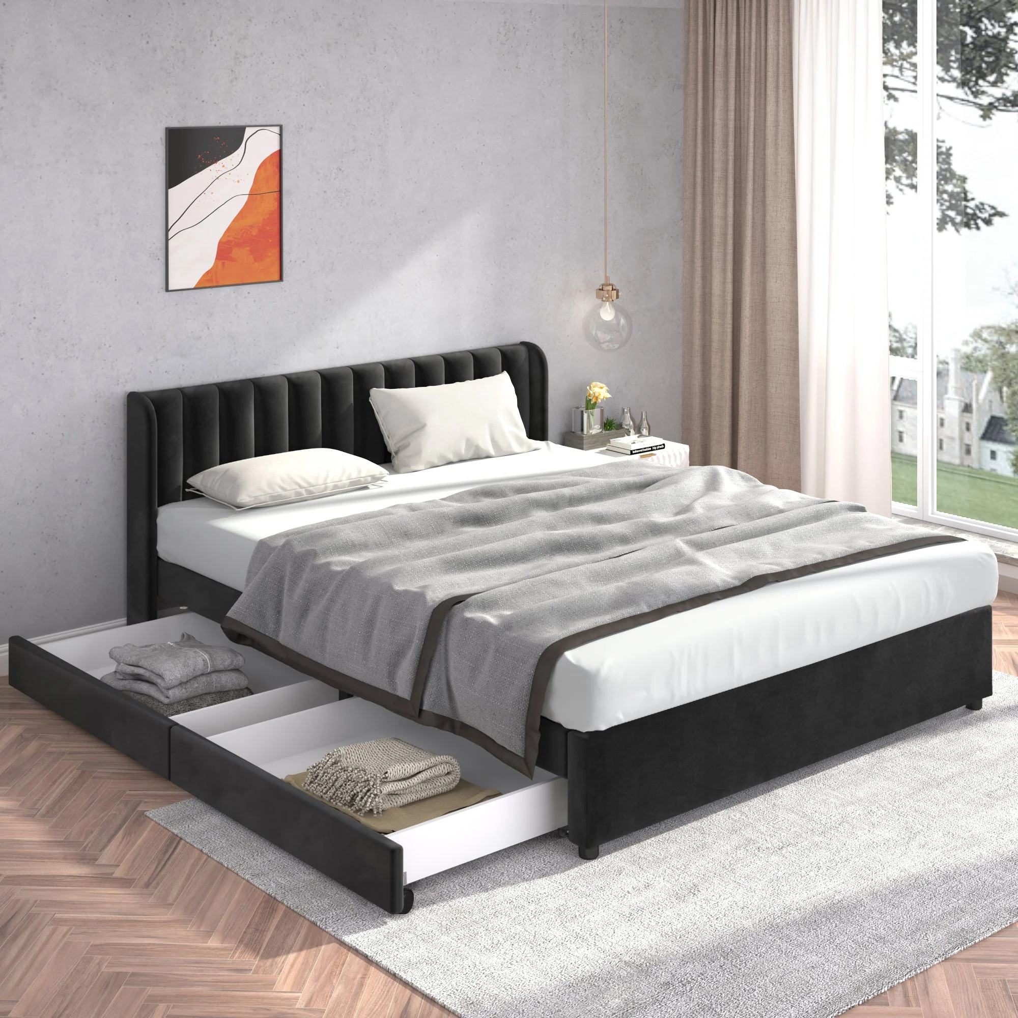 Upholstered Bed 180x200cm Slatted Base Headboard 2 Drawers, Black Velvet - Image 3
